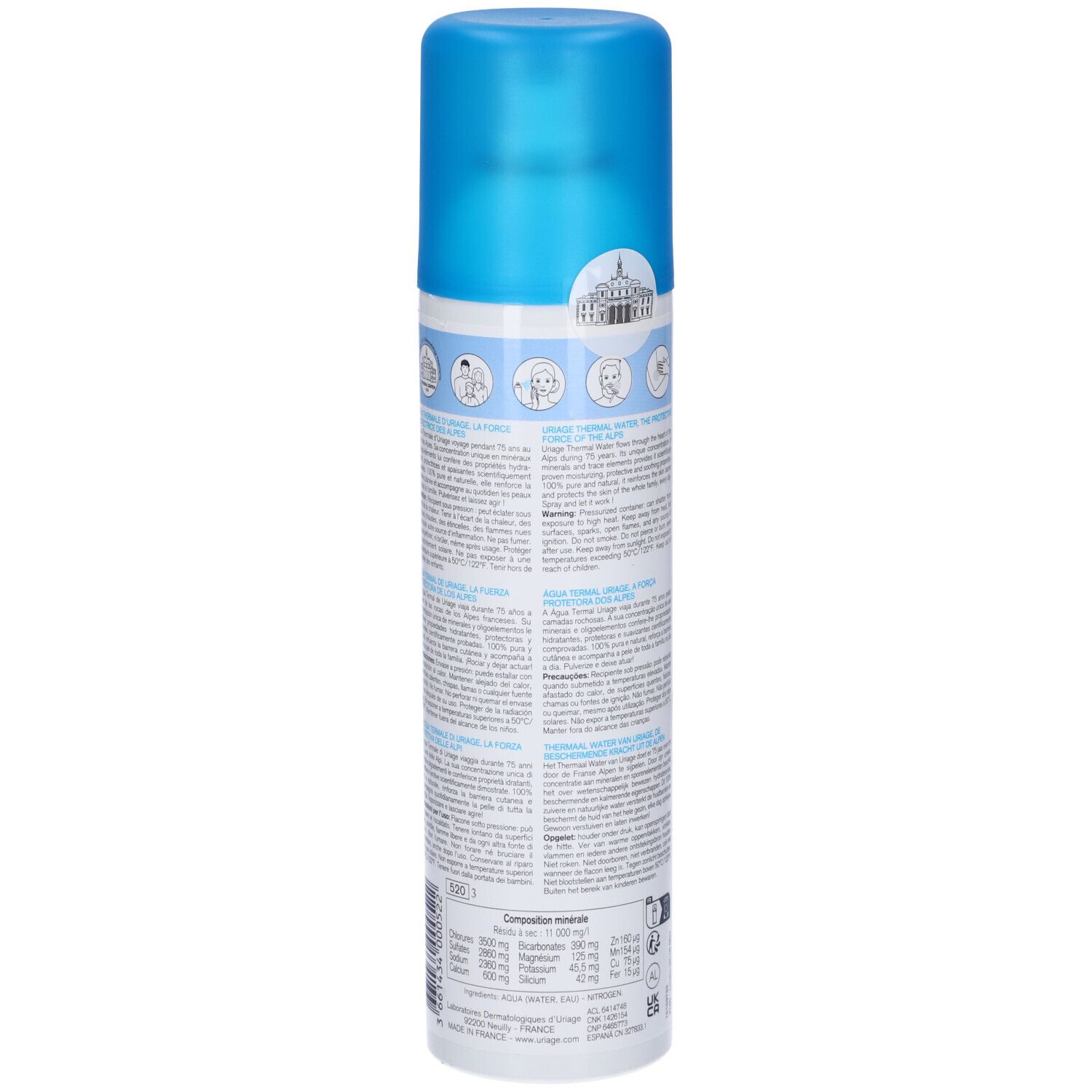 Retro del flacone spray Uriage Eau Thermale. Testo e simboli. Dermatologicamente testato.