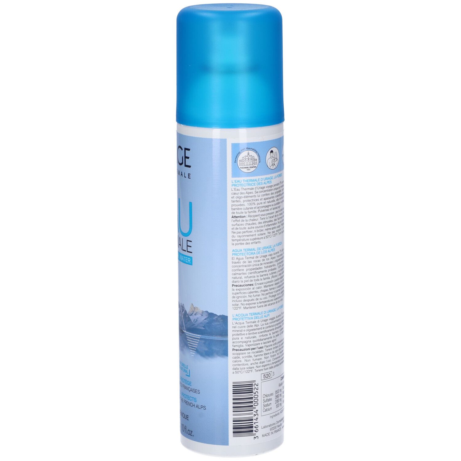 Retro del flacone spray Uriage Eau Thermale. Testo e simboli. Dermatologicamente testato.