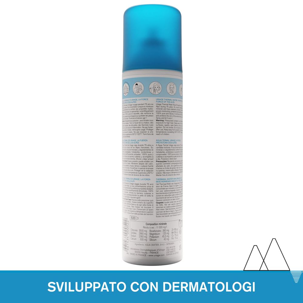 Retro del flacone spray Uriage Eau Thermale. Testo e simboli. Dermatologicamente testato.
