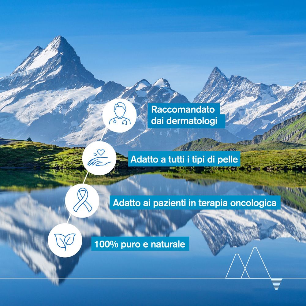 Paesaggio con montagne e testo. Raccomandato dai dermatologi. Adatto a tutti i tipi di pelle.