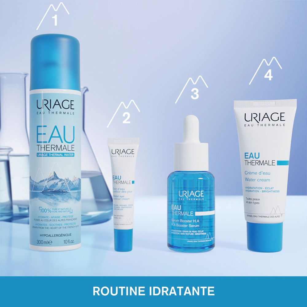 Quattro prodotti Uriage. Spray Eau Thermale, crema, siero e crema. Routine idratante.