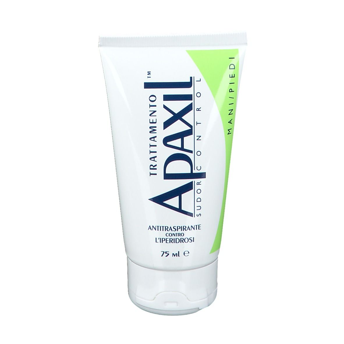 Tube blanche et verte. Logo APAXIL. Texte: Antitranspirant, Mani/Piedi. 75 ml.