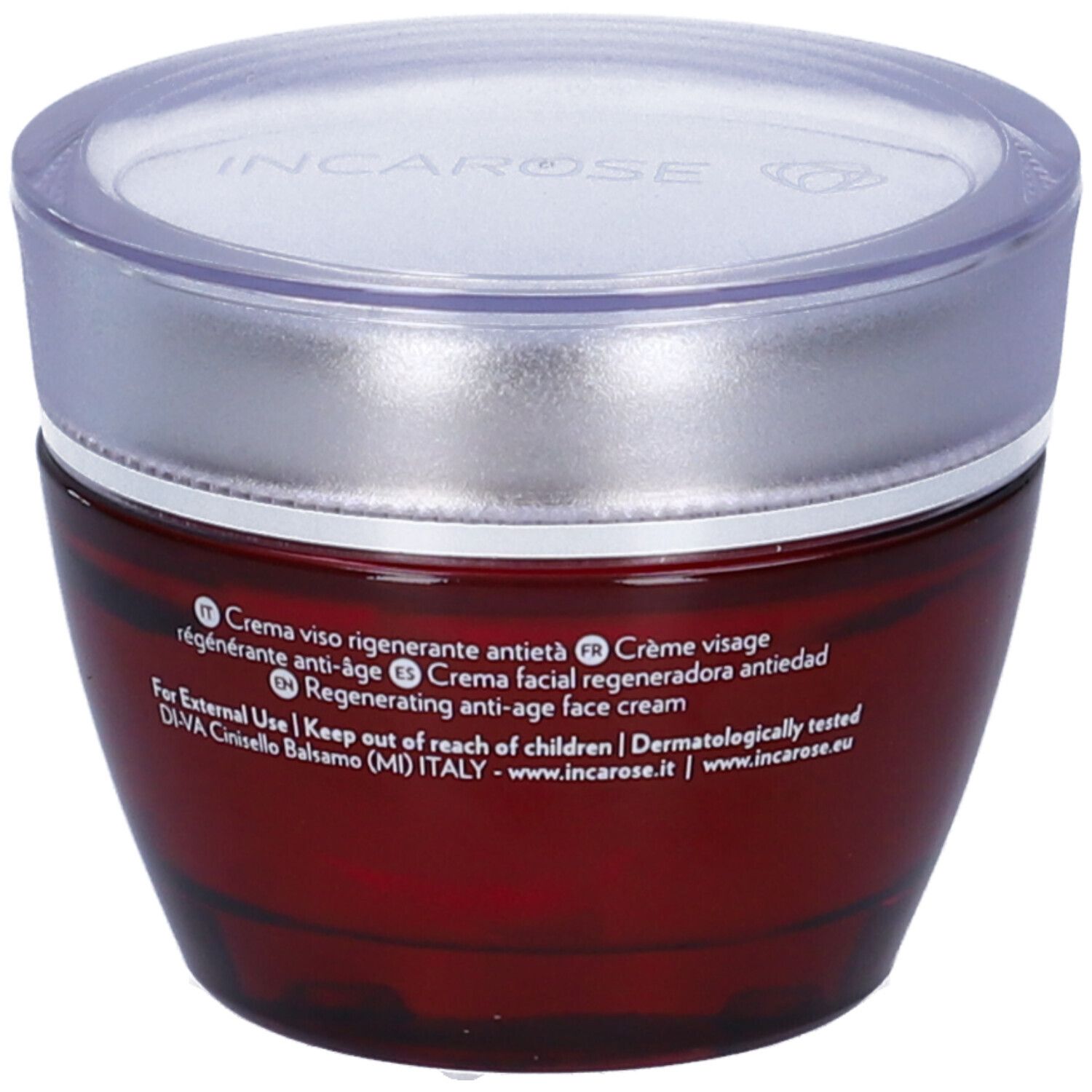 Roter Tiegel mit silbernem Deckel. Aufschrift: Creme, regenerierend, Anti-Aging. Text in mehreren Sprachen.