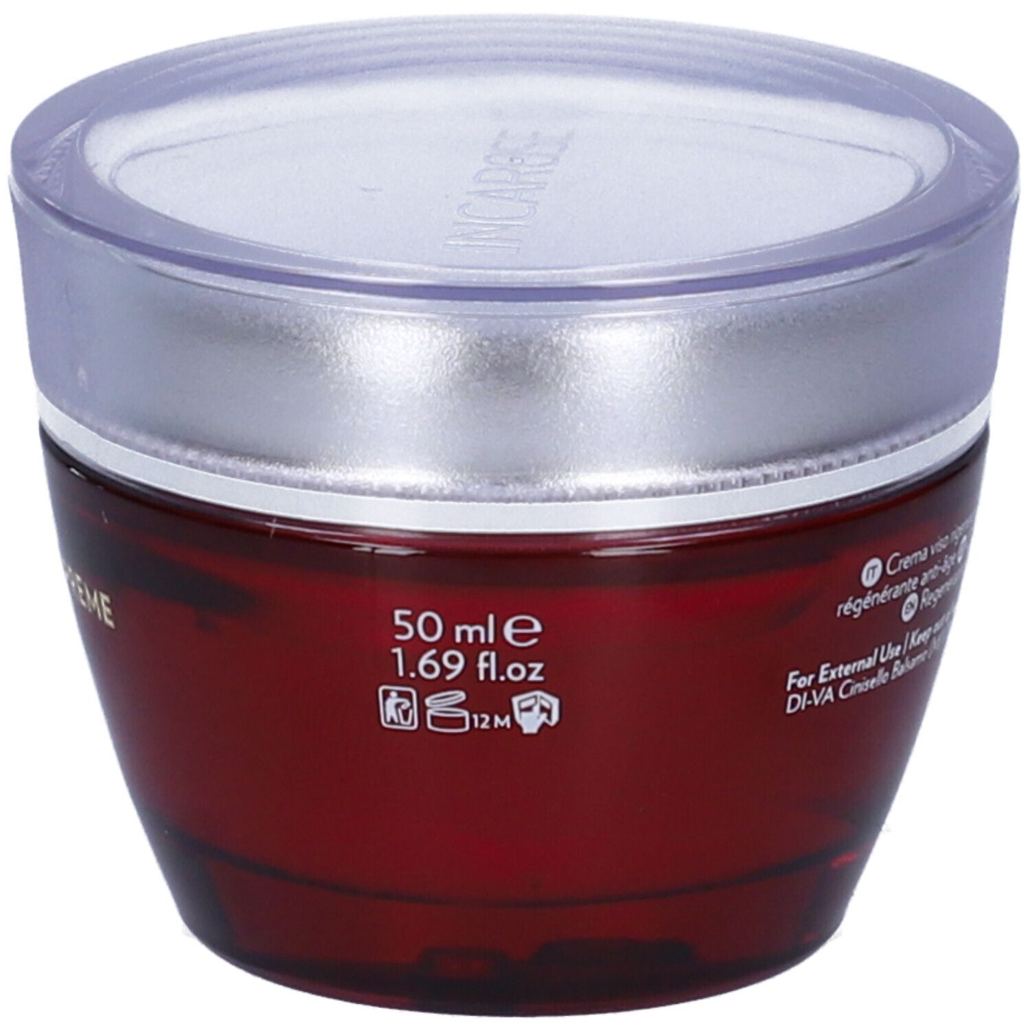 Roter Tiegel mit silbernem Deckel. Aufschrift: 50 ml, 1.69 fl.oz. und Piktogramme.