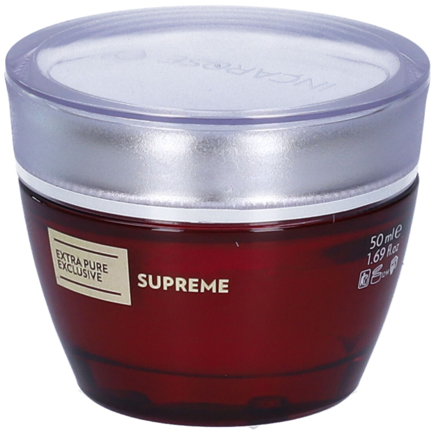 Roter Tiegel mit silbernem Deckel. Aufschrift: SUPREME, EXTRA PURE EXCLUSIVE, 50 ml.
