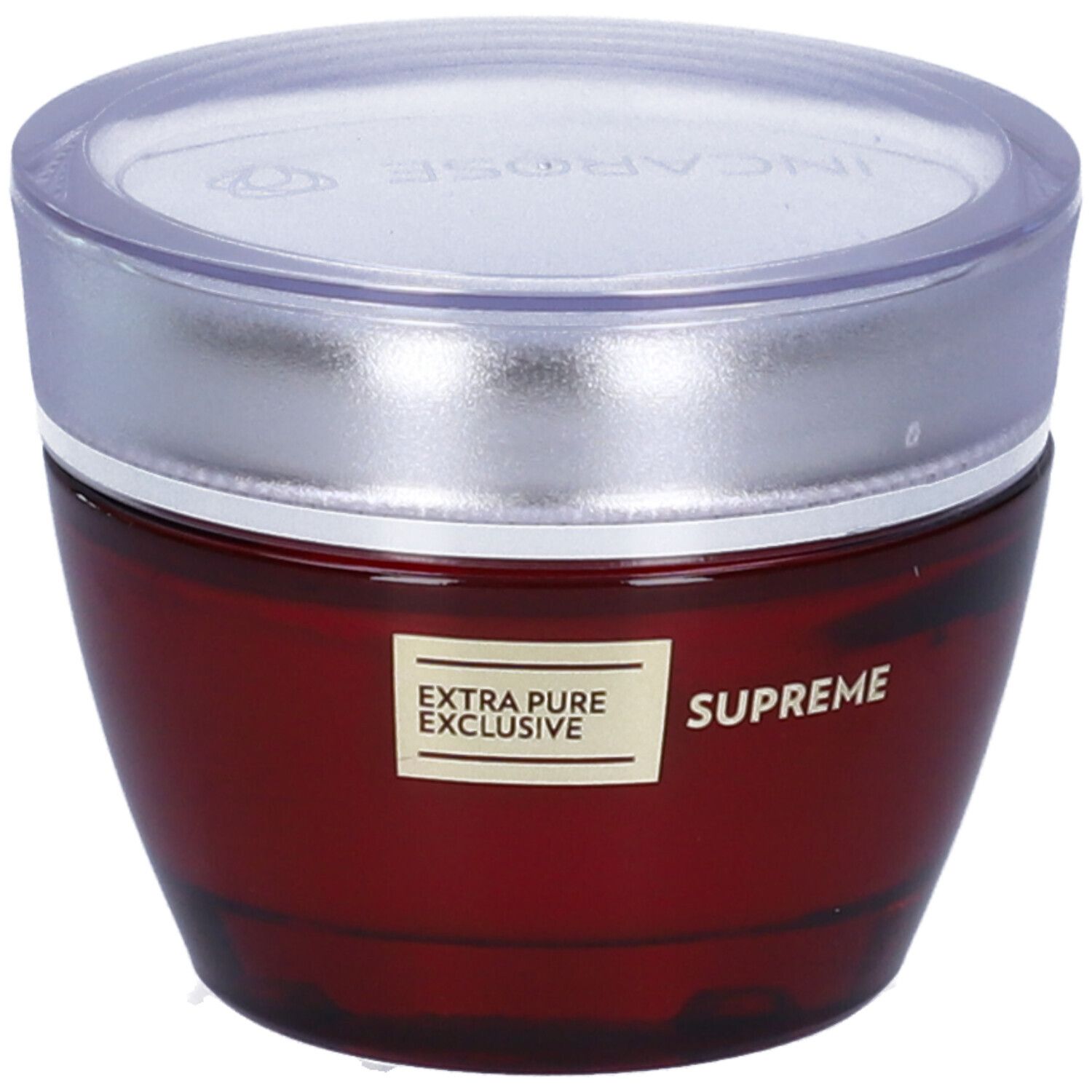 Roter Tiegel mit silbernem Deckel. Aufschrift: SUPREME, EXTRA PURE EXCLUSIVE.