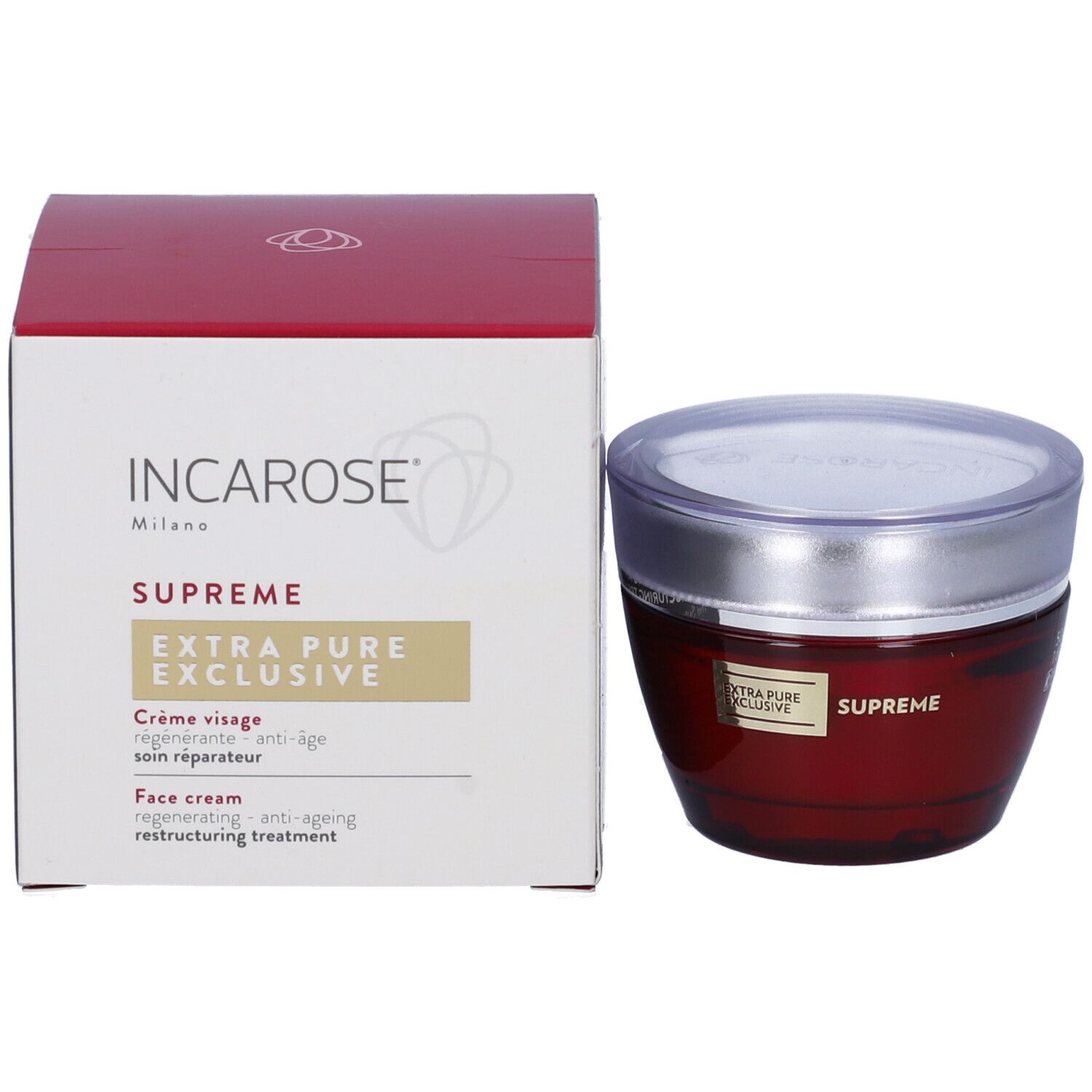 Produktverpackung und Tiegel. Verpackung: weiß, rot, gold. Tiegel: rot, silber. Aufschrift: INCAROSE, SUPREME.