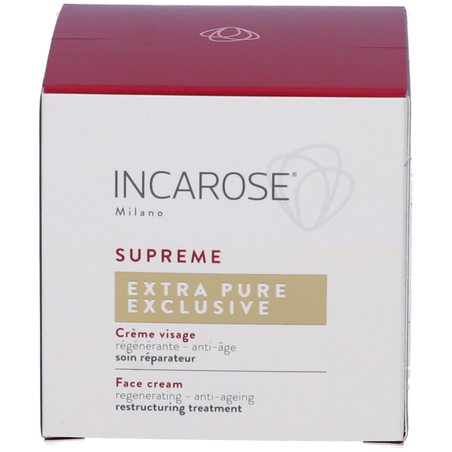 Weiße Produktverpackung mit rotem Deckel. Aufschrift: INCAROSE, SUPREME, EXTRA PURE EXCLUSIVE.