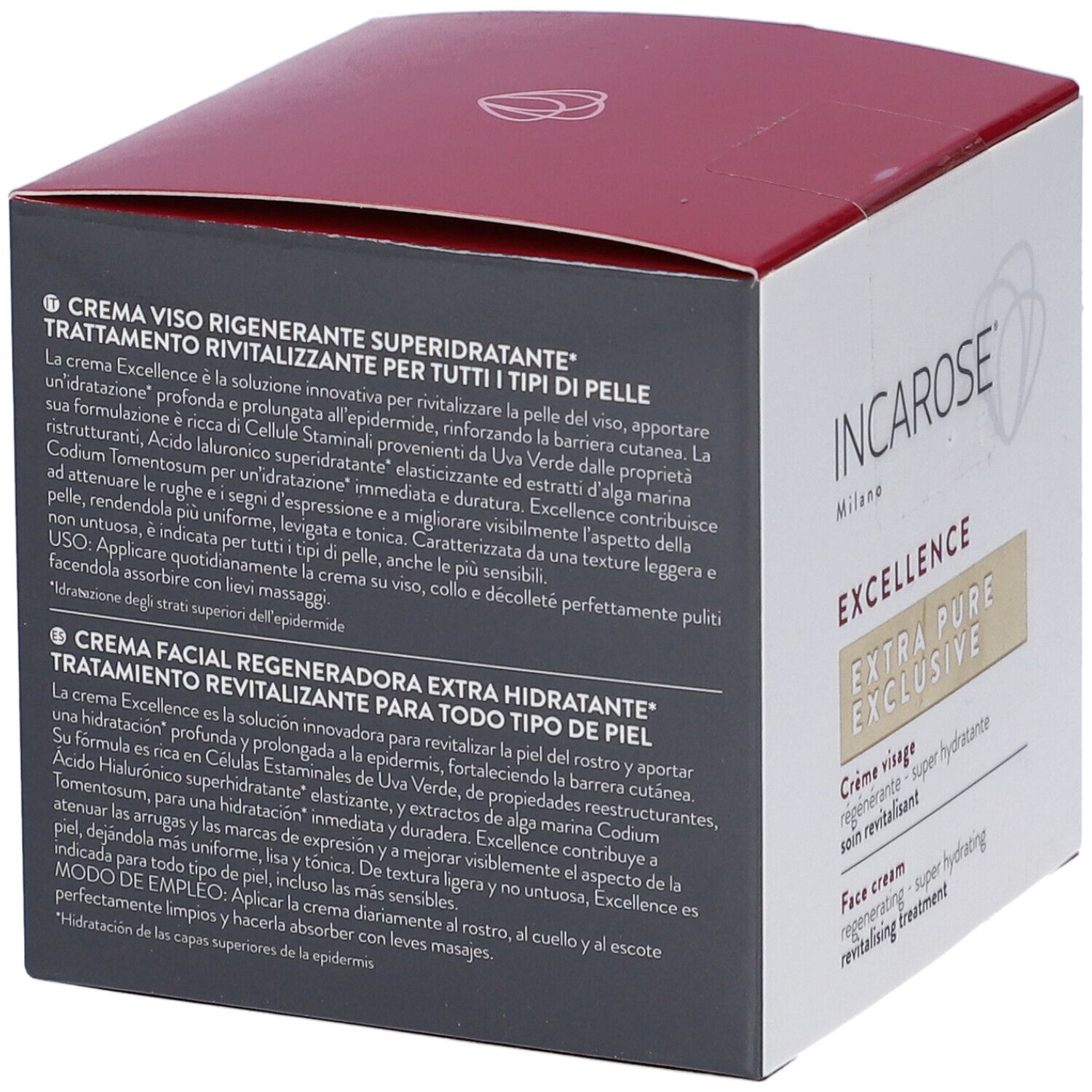 Rückseite der weißen Schachtel mit rotem Deckel. Text in italienischer und spanischer Sprache. Produktname: Incarose Excellence.