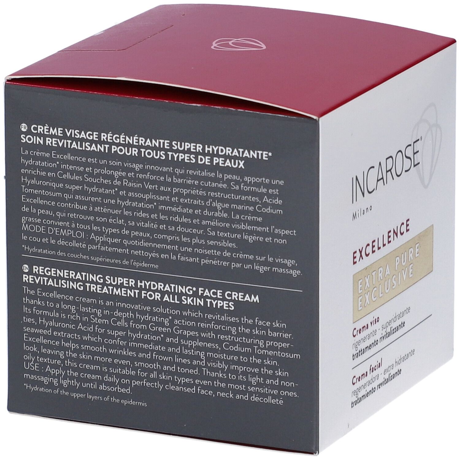 Rückseite der weißen Schachtel mit rotem Deckel. Text in englischer und französischer Sprache. Produktname: Incarose Excellence.