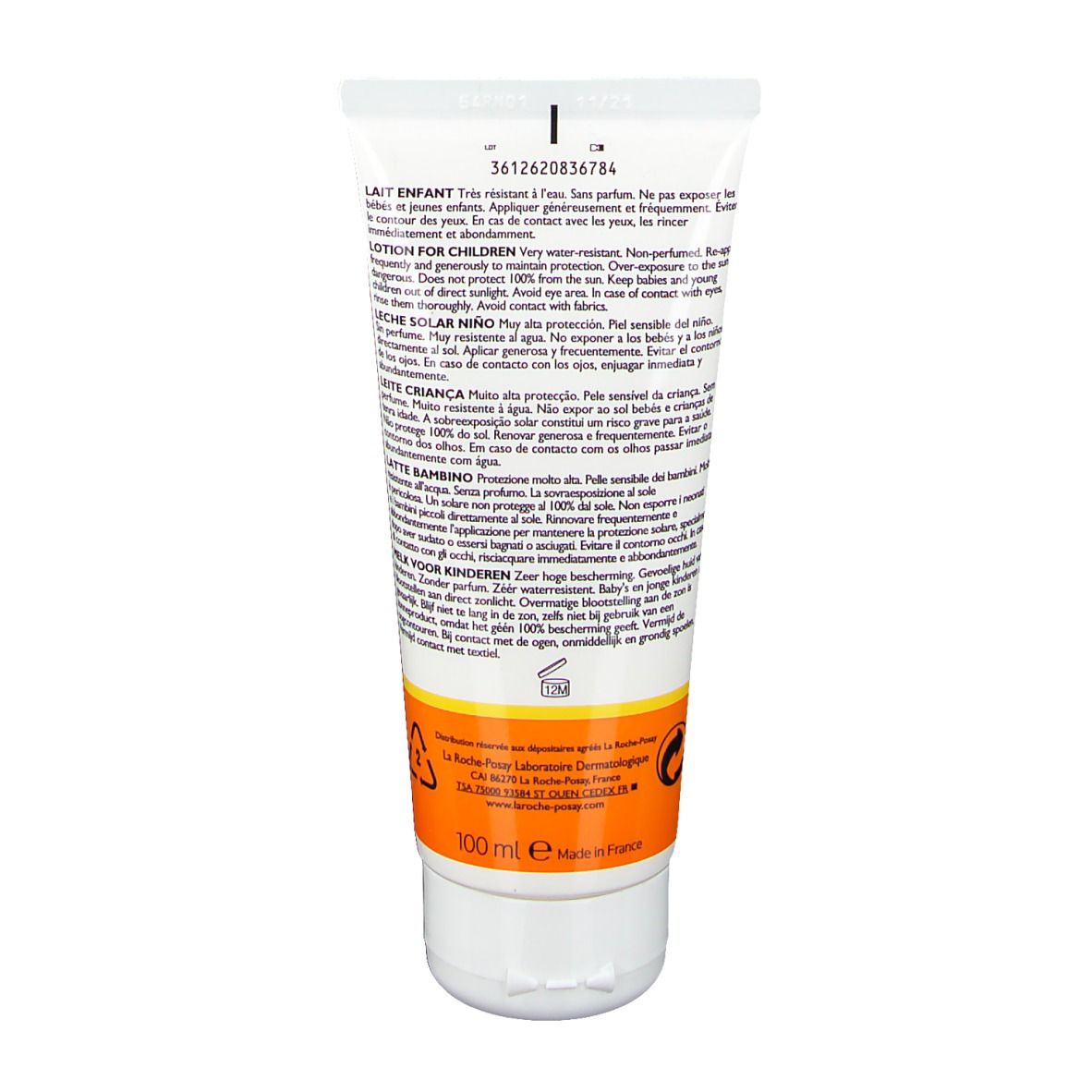 Retro del tubo di crema solare. Contiene testo in più lingue. Bianco con accenti arancioni.