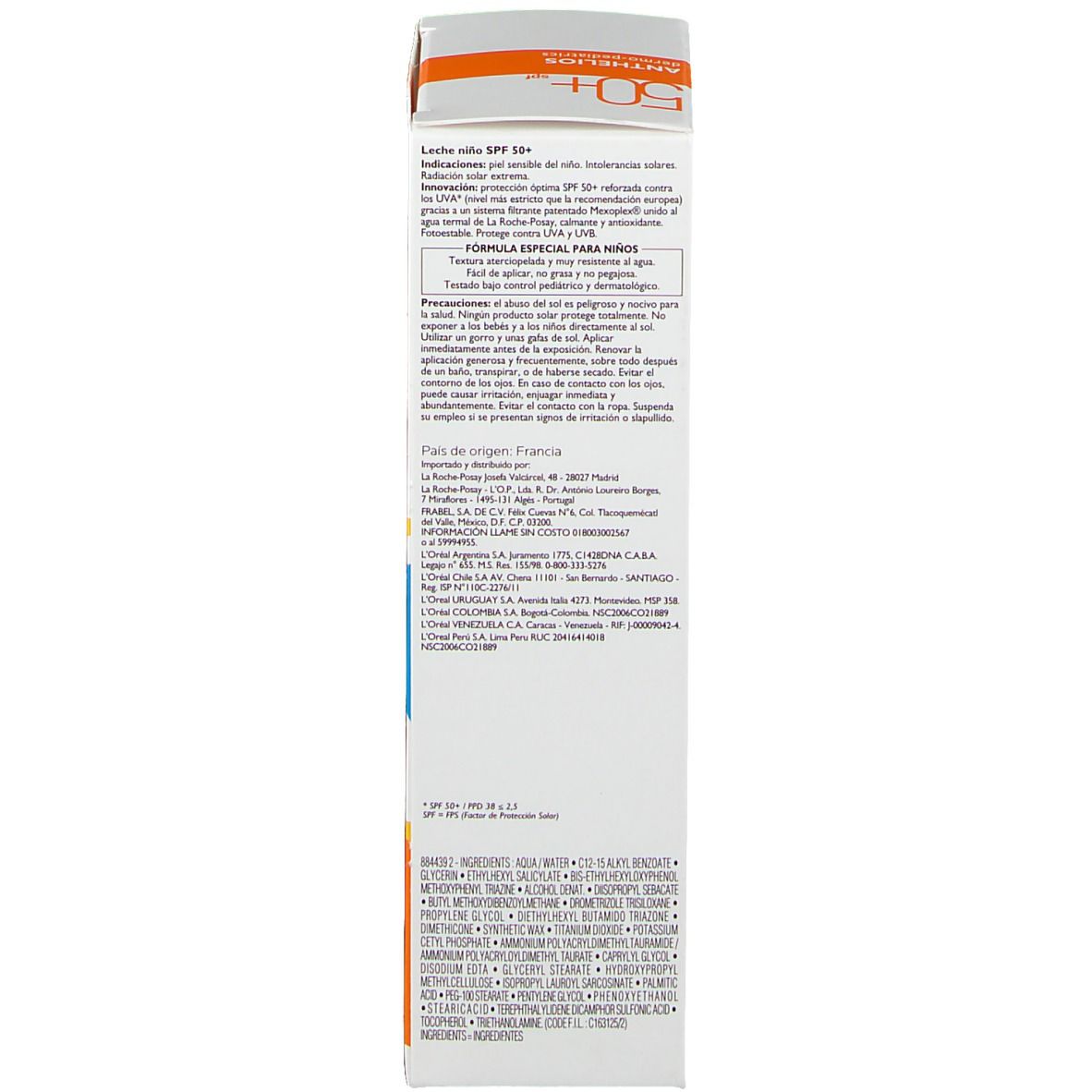 Lato della confezione di crema solare. Contiene testo in più lingue. Bianco con accenti arancioni.