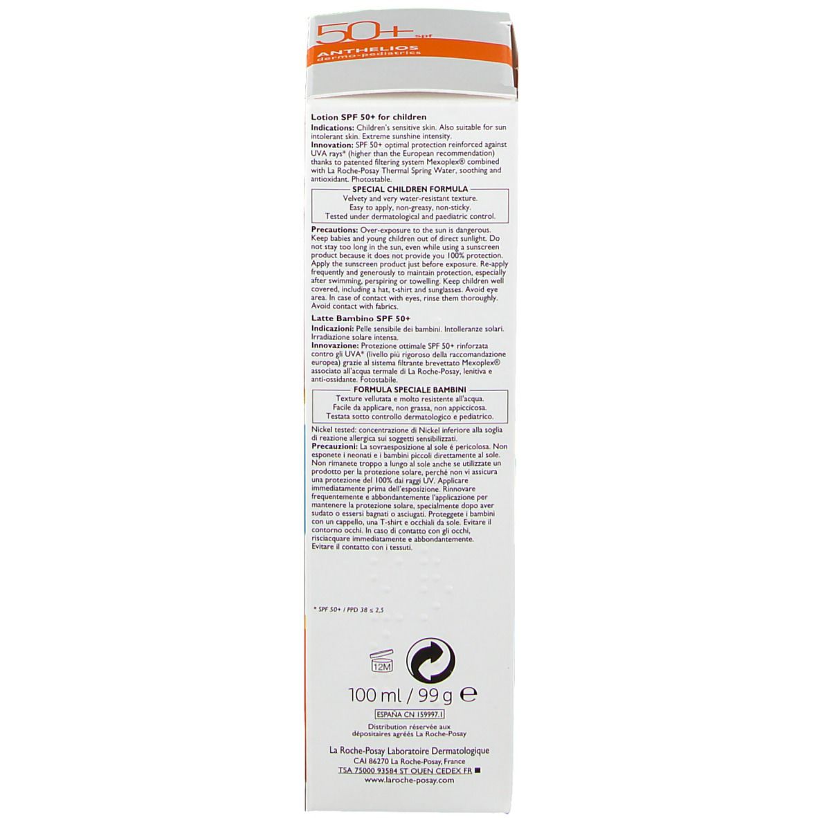 Lato della confezione di crema solare. Contiene testo in più lingue. Bianco con accenti arancioni.