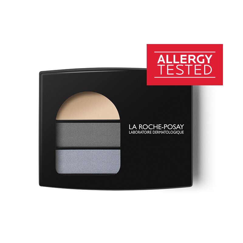 Palette d'ombres à paupières avec trois nuances de gris et une teinte beige. Emballage noir avec logo de la marque et 'Allergy Tested'.