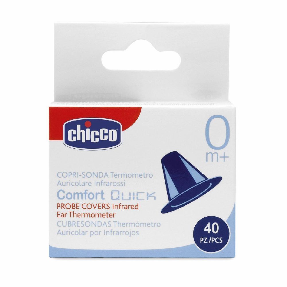 Confezione da 40 copri-sonda per termometro auricolare. Marca Chicco, Comfort Quick. Illustrazione blu di una protezione.