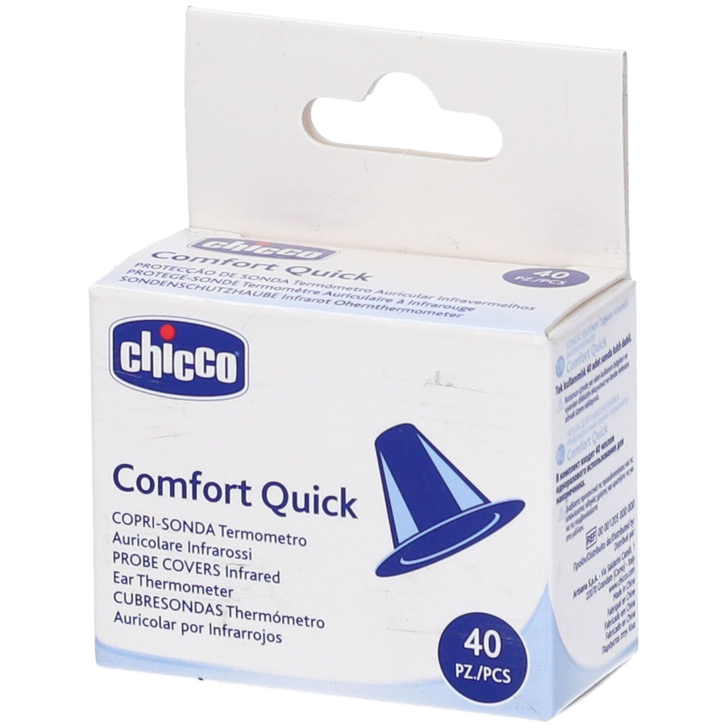 Confezione da 40 copri-sonda per termometro auricolare. Marca Chicco, Comfort Quick. Illustrazione blu di una protezione.