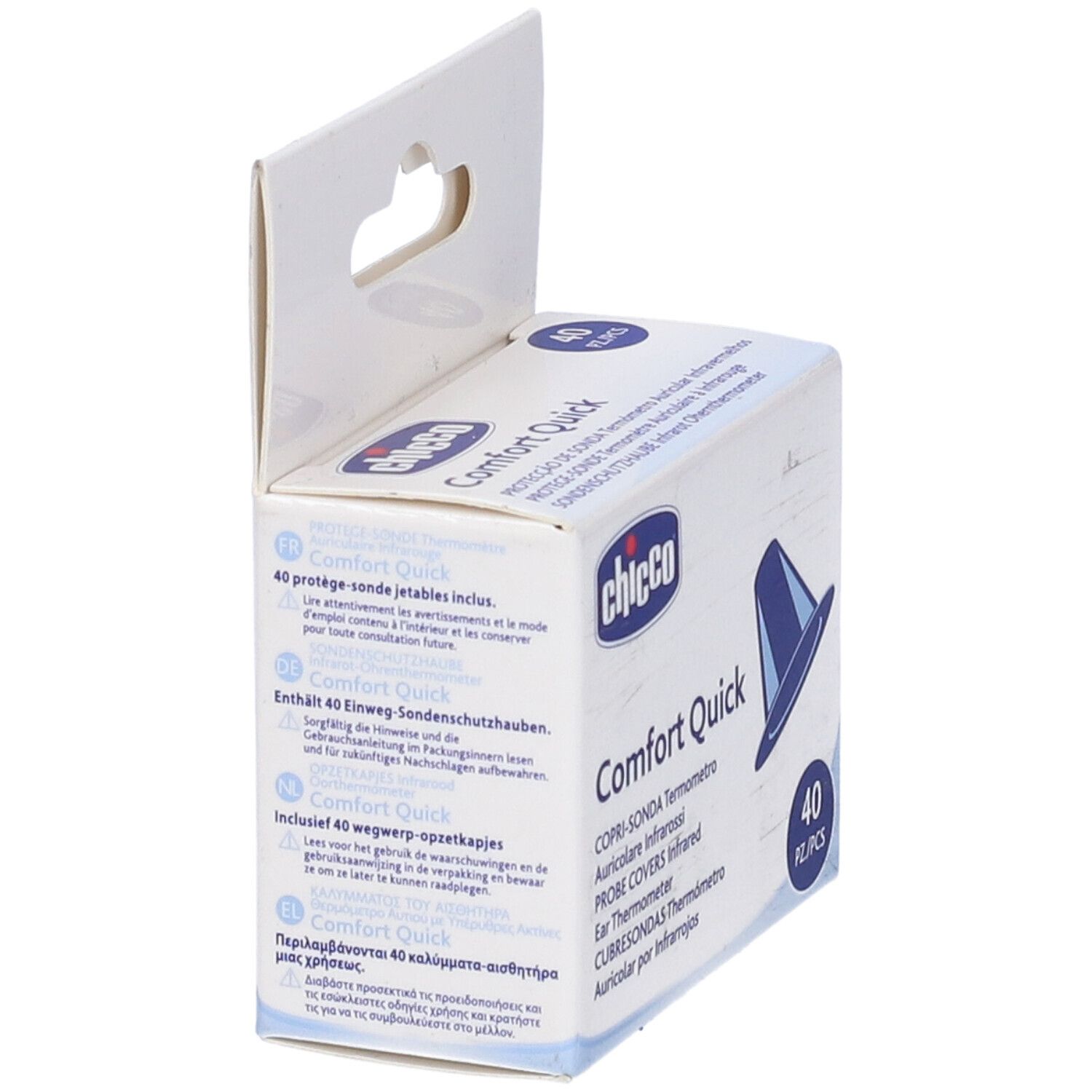 Confezione da 40 copri-sonda per termometro auricolare. Marca Chicco, Comfort Quick. Testo multilingue.