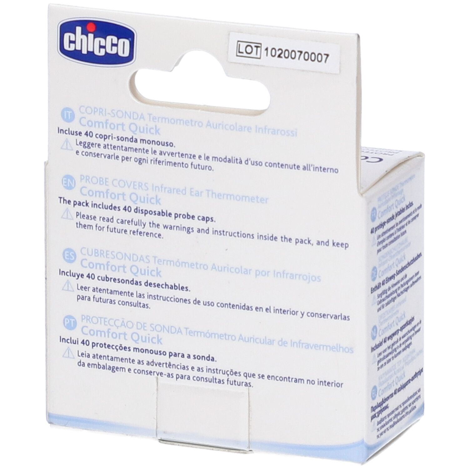 Retro della confezione da 40 copri-sonda. Marca Chicco. Testo multilingue.