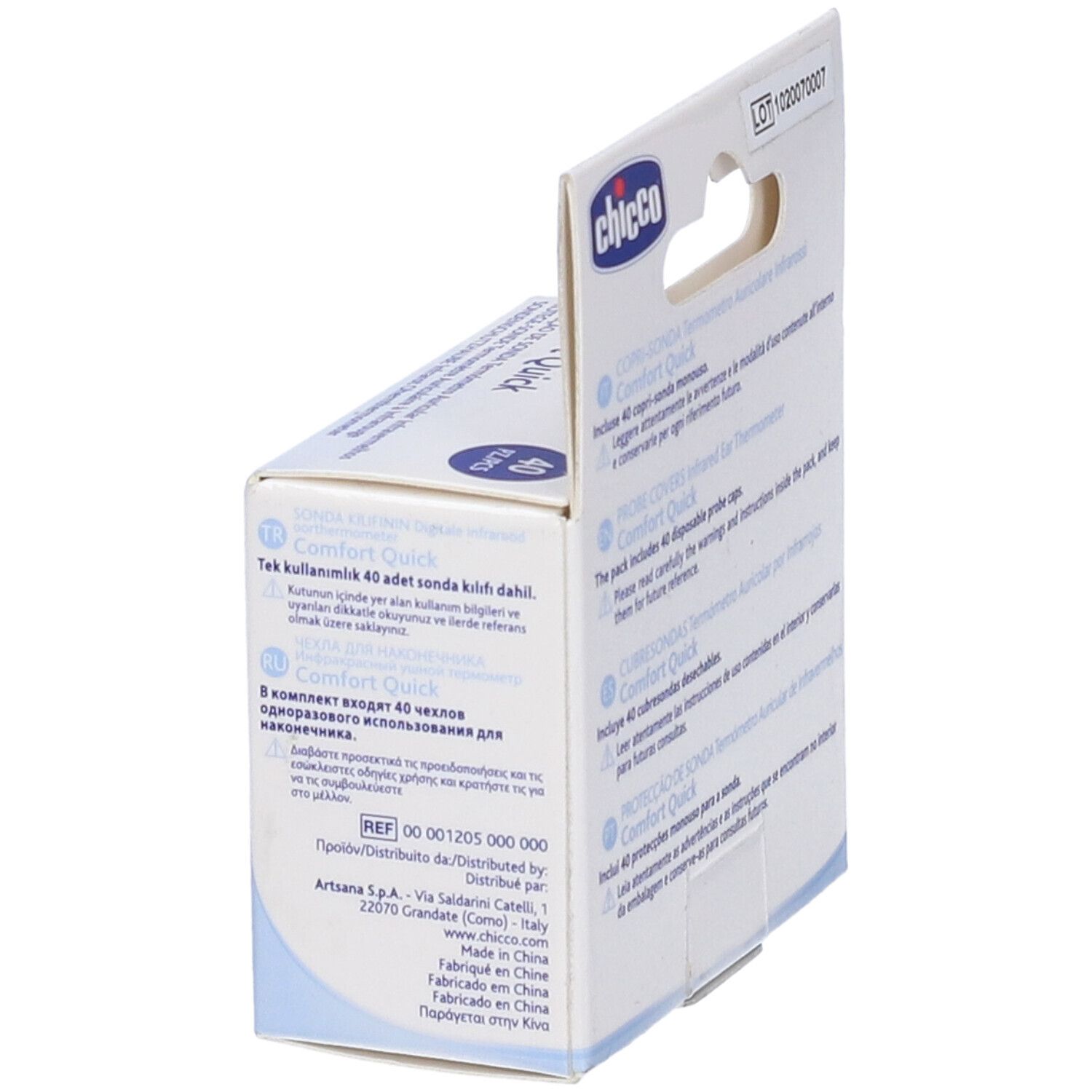 Lato della confezione da 40 copri-sonda. Marca Chicco. Testo multilingue.