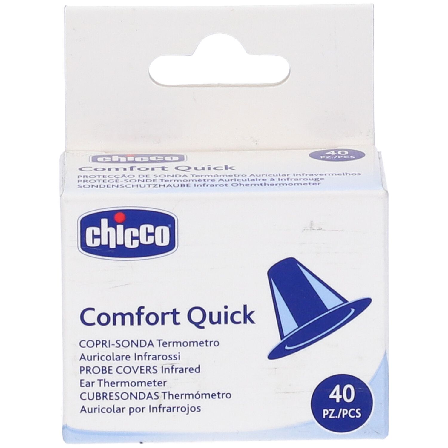 Confezione da 40 copri-sonda per termometro auricolare. Marca Chicco, Comfort Quick. Illustrazione blu di una protezione.