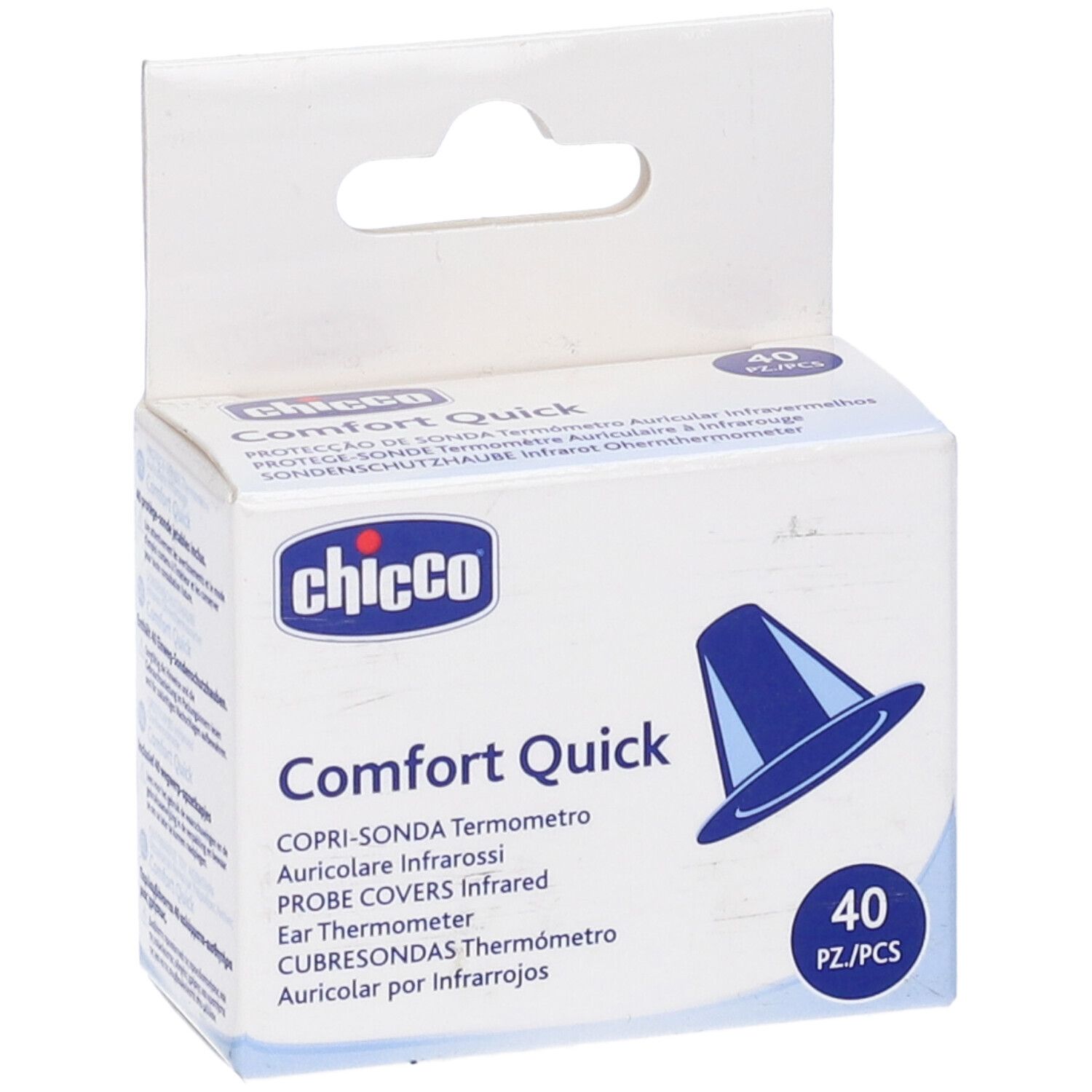 Confezione da 40 copri-sonda per termometro auricolare. Marca Chicco, Comfort Quick. Illustrazione blu di una protezione.