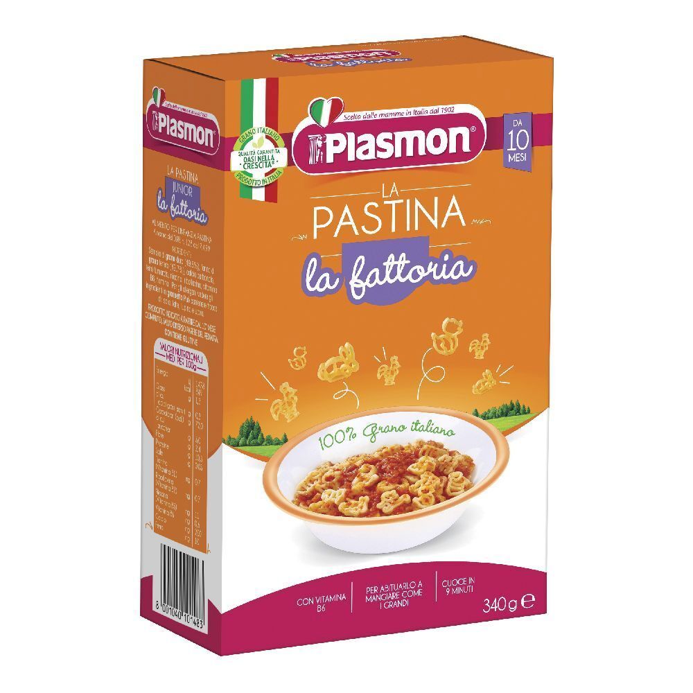 Confezione in cartone arancione con logo Plasmon e immagine del prodotto Pastina. Contiene 340g. Con bandiera italiana.