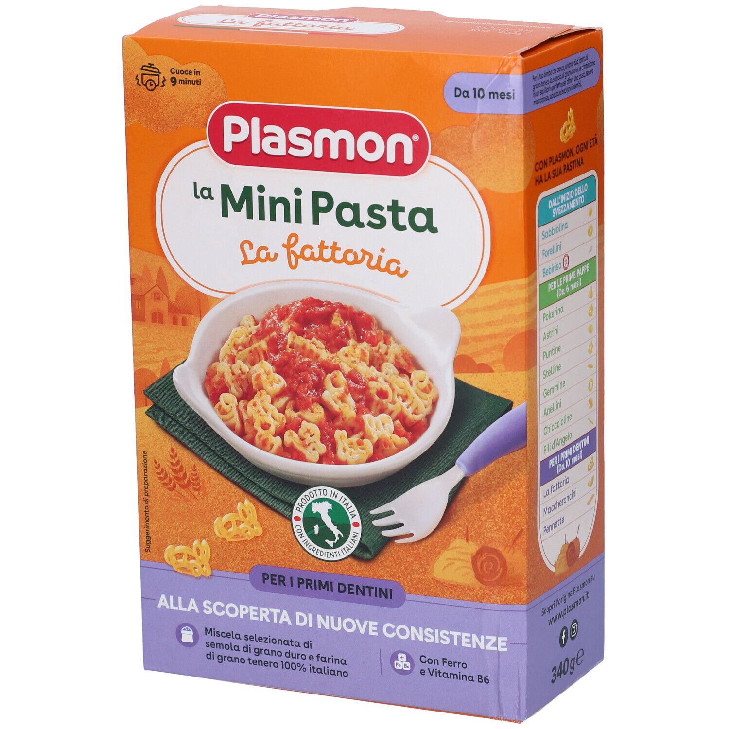 Confezione in cartone con logo Plasmon e immagine del prodotto Mini Pasta. Contiene 340g. Con bandiera italiana e forchetta.