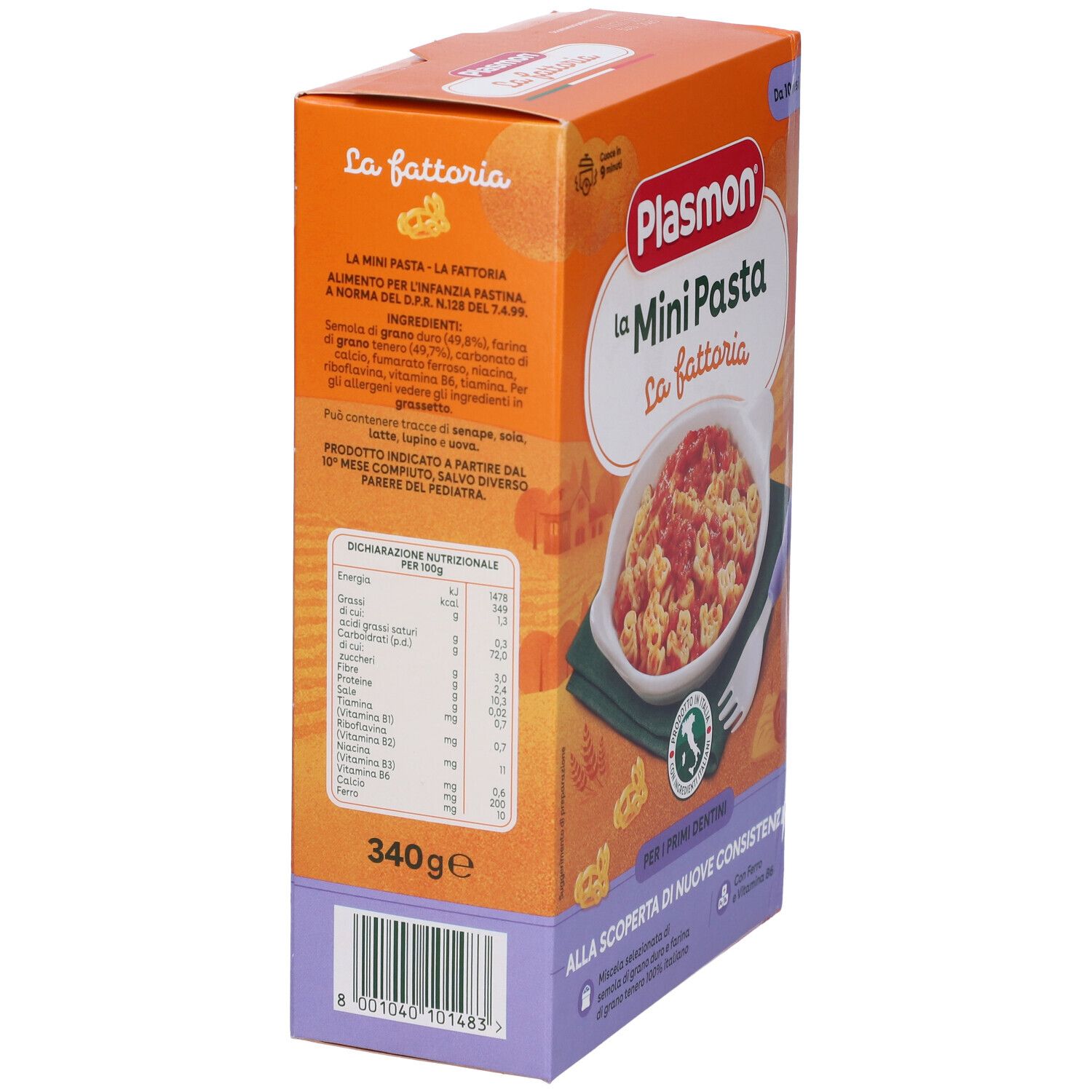 Confezione in cartone con logo Plasmon e immagine del prodotto Mini Pasta. Contiene 340g. Retro con informazioni nutrizionali e ingredienti.