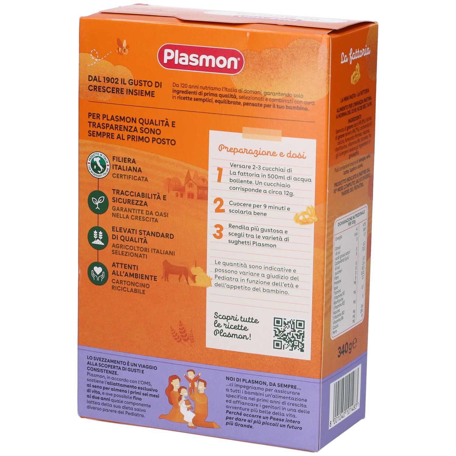 Confezione in cartone con logo Plasmon. Retro con informazioni su qualità, sostenibilità e istruzioni per la preparazione.
