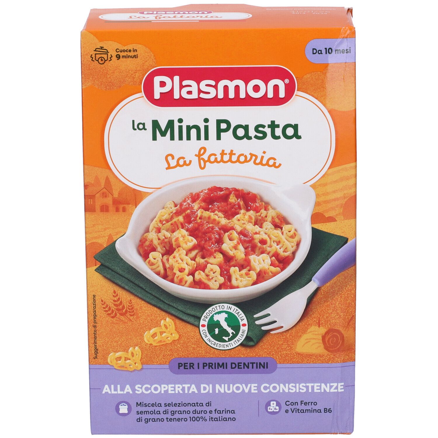Confezione in cartone con logo Plasmon e immagine del prodotto Mini Pasta. Contiene 340g. Con bandiera italiana e forchetta.