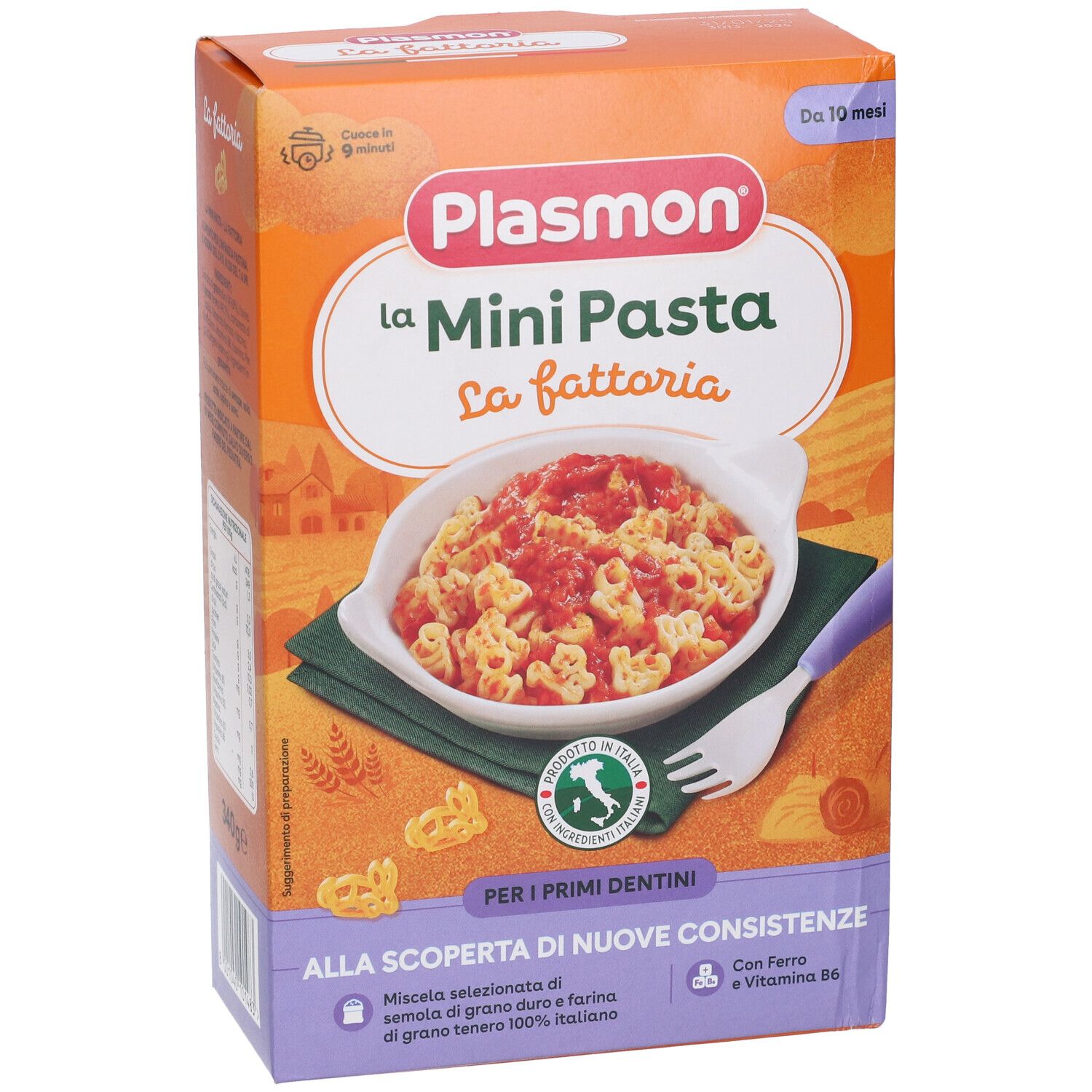 Confezione in cartone con logo Plasmon e immagine del prodotto Mini Pasta. Contiene 340g. Per bambini dai 10 mesi.