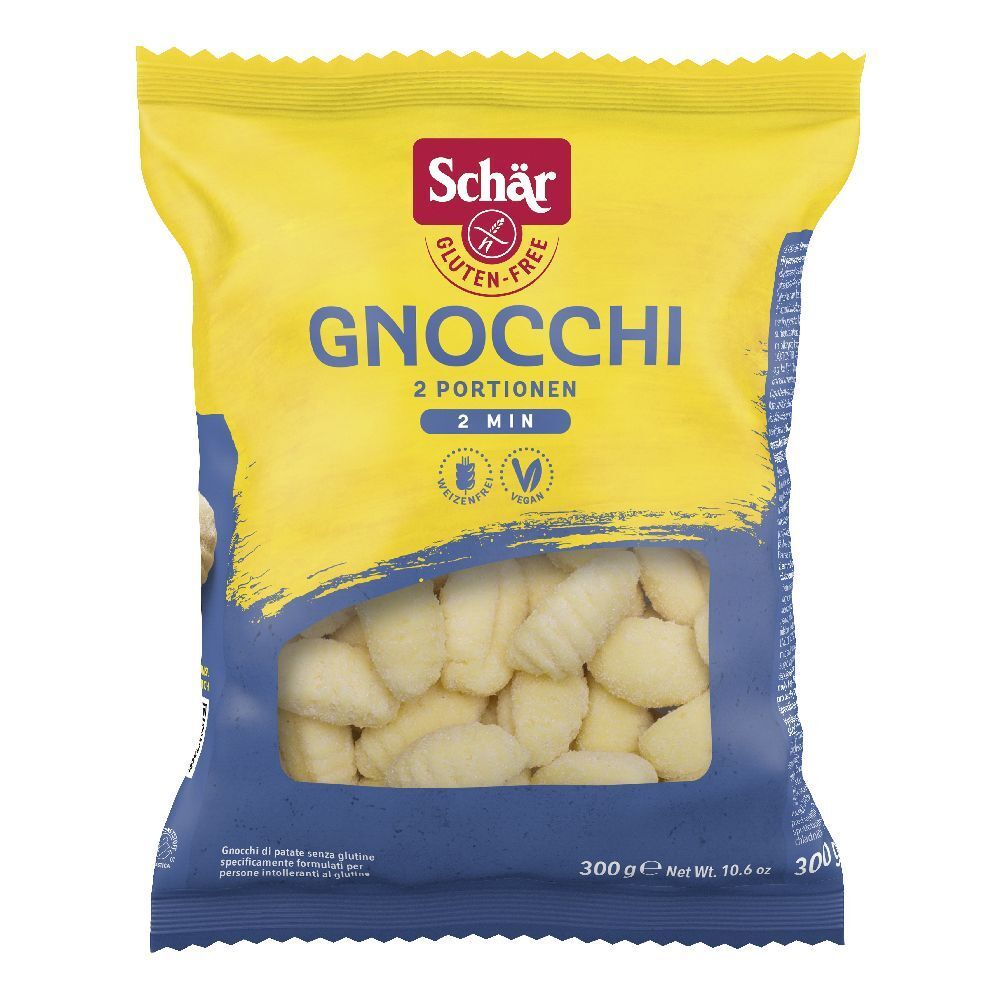 Confezione di gnocchi Schär. Confezione giallo-blu con nome del prodotto e logo senza glutine. Gnocchi visibili.
