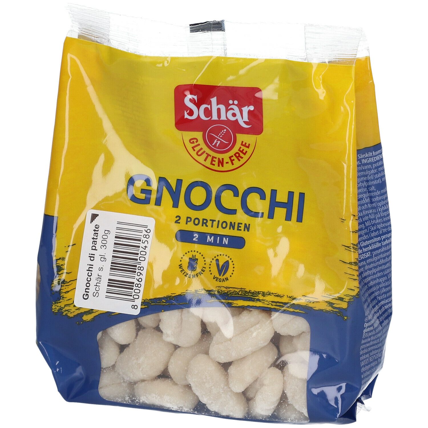 Confezione di gnocchi Schär. Confezione giallo-blu con nome del prodotto e logo senza glutine. Gnocchi visibili.