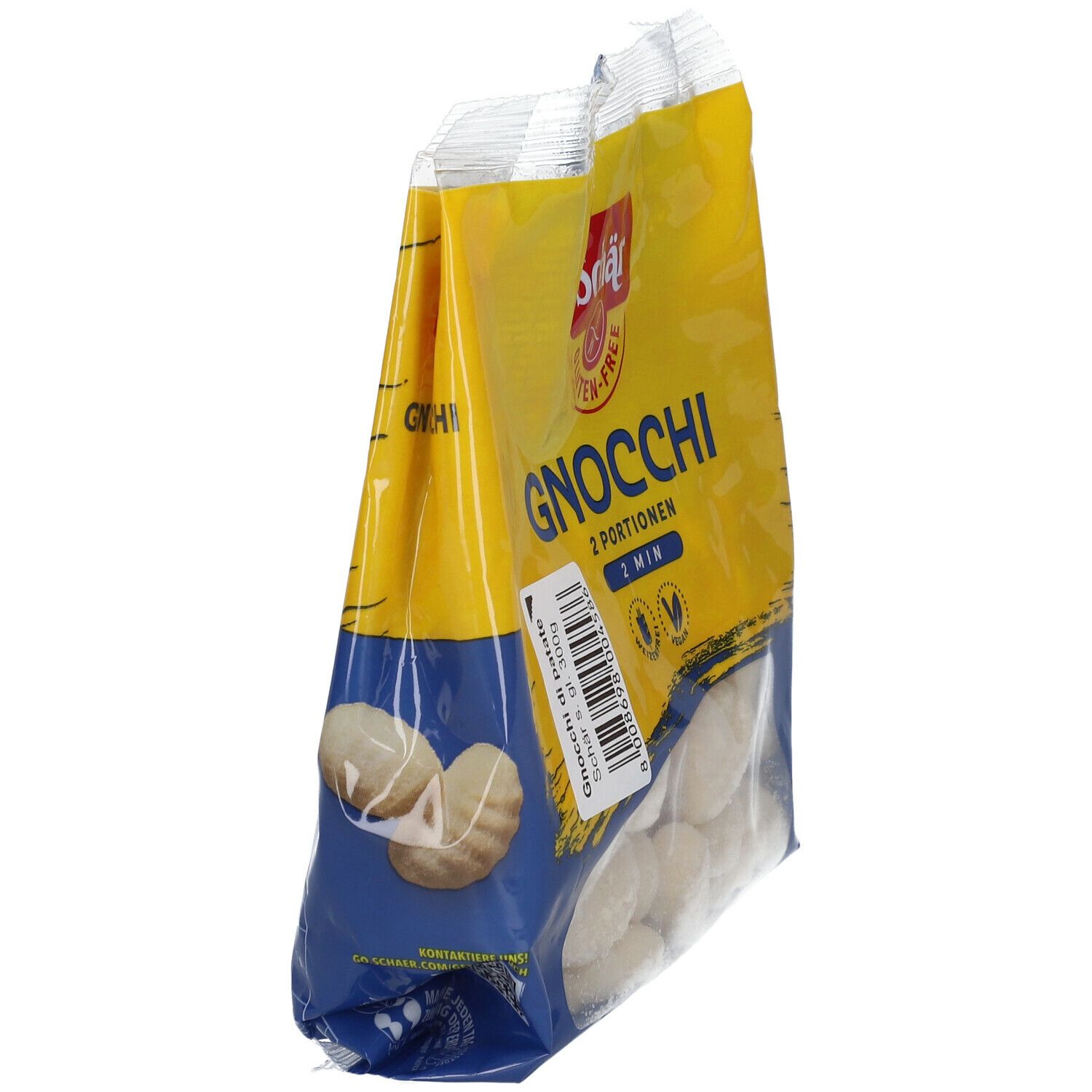 Confezione di gnocchi Schär. Confezione giallo-blu con nome del prodotto e logo senza glutine. Gnocchi visibili.