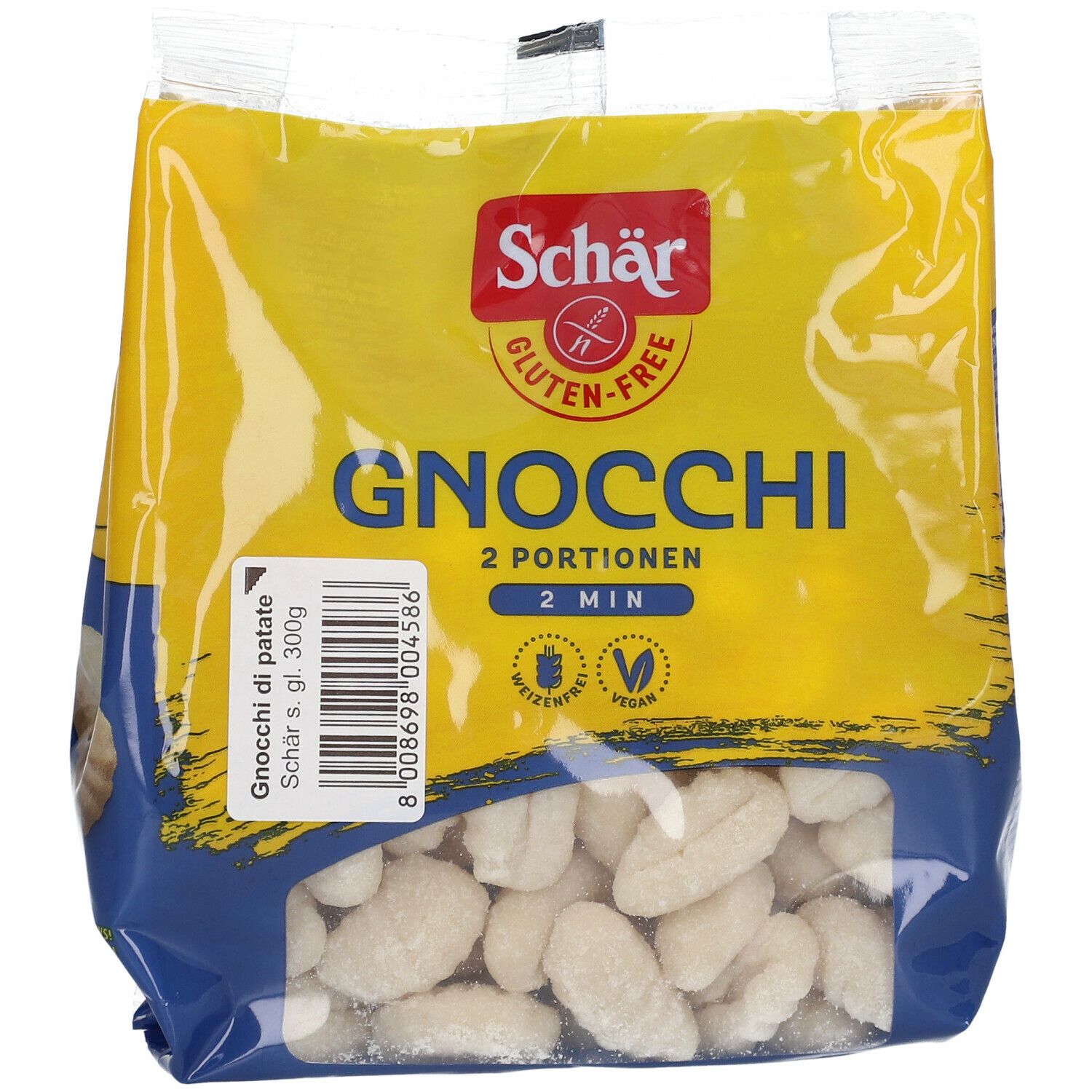 Confezione di gnocchi Schär. Confezione giallo-blu con nome del prodotto e logo senza glutine. Gnocchi visibili.