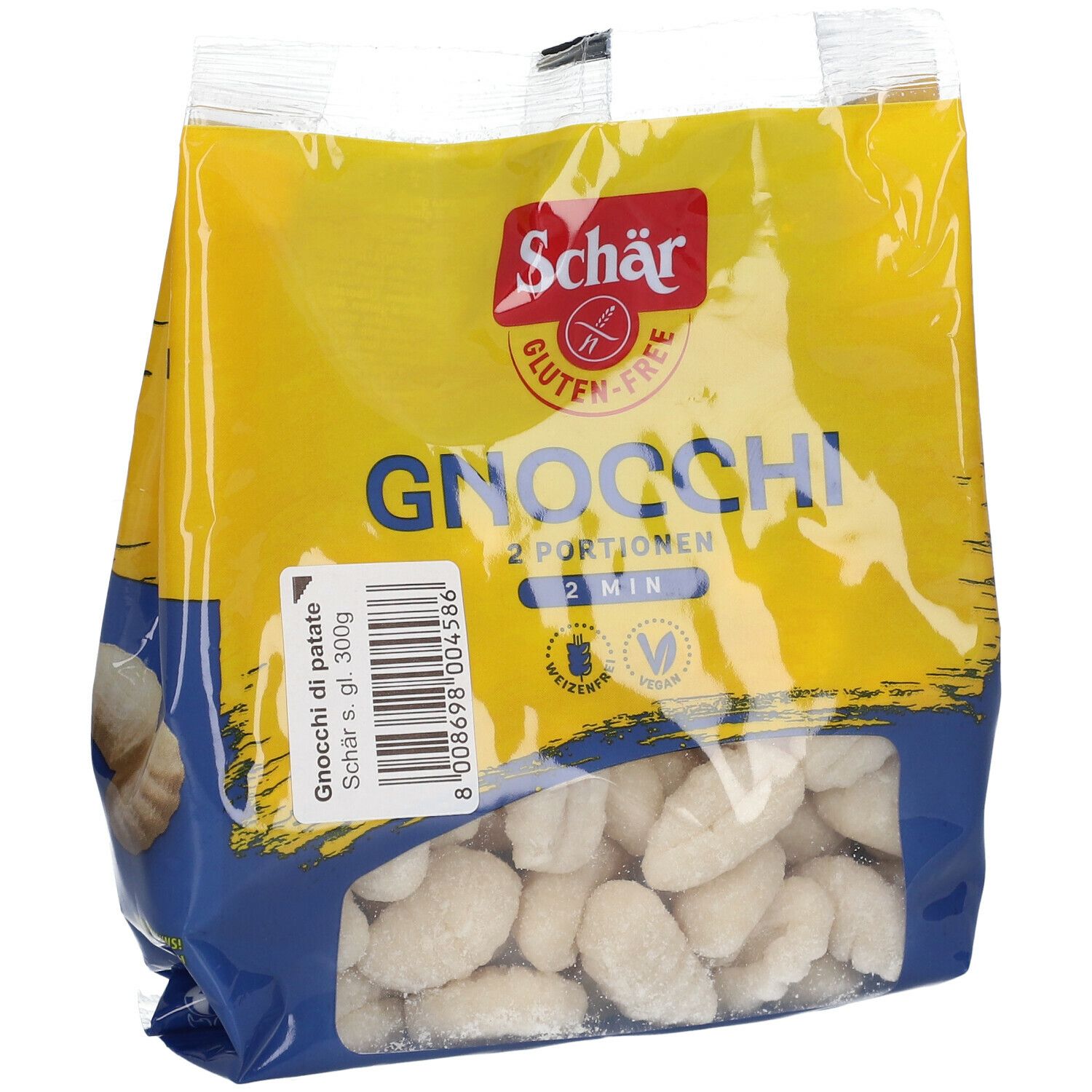 Confezione di gnocchi Schär. Confezione giallo-blu con nome del prodotto e logo senza glutine. Gnocchi visibili.