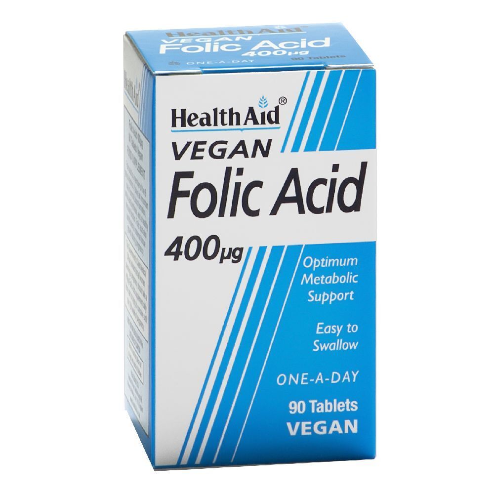 Scatola di compresse "Health Aid Vegan Folic Acid". Contiene 90 compresse. Confezione blu e bianca con informazioni sul prodotto.