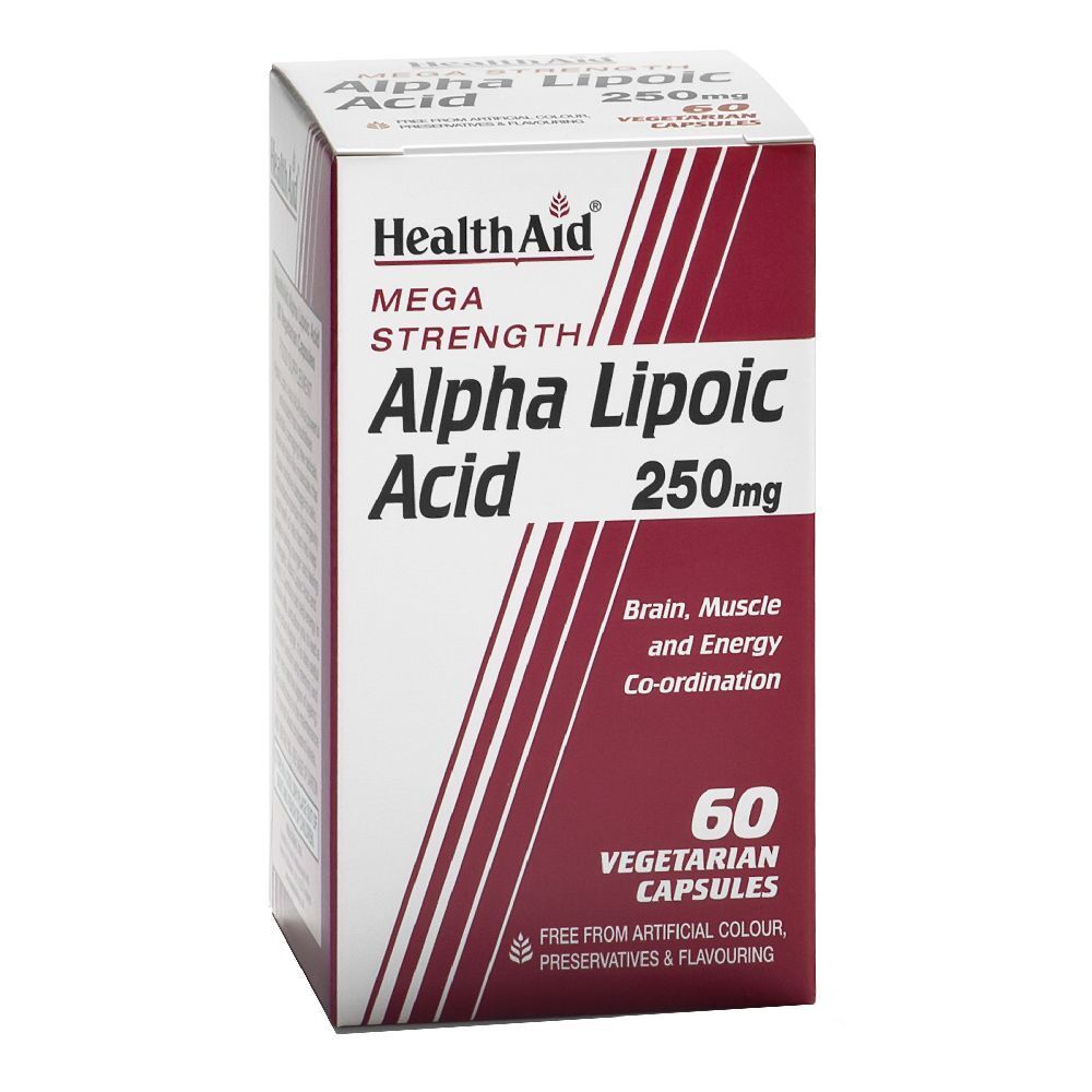 Scatola di capsule Alpha Lipoic Acid 250mg. Marchio Health Aid. Contiene 60 capsule vegetariane. Senza coloranti, conservanti e aromi artificiali.