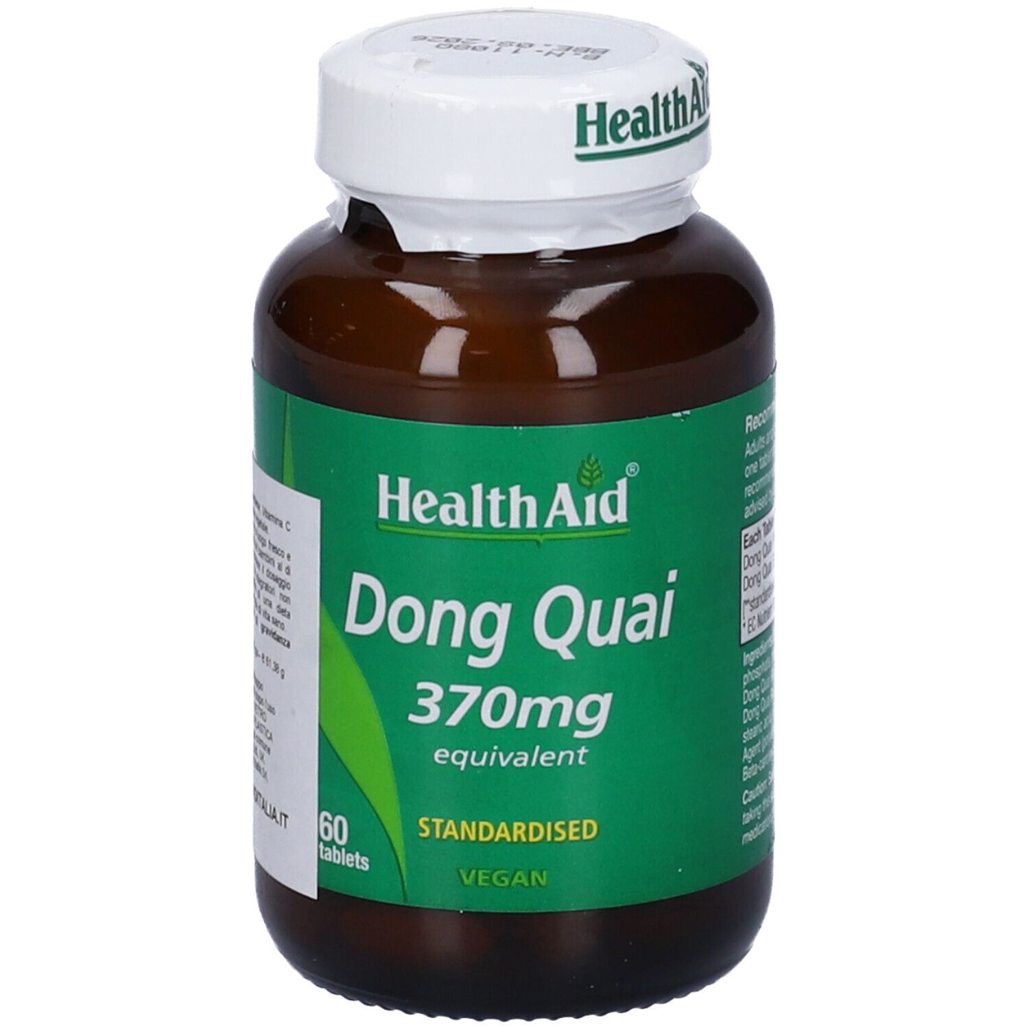 Flacone marrone con tappo bianco. Scritta: HealthAid Dong Quai 370mg, 60 compresse. Vegano.