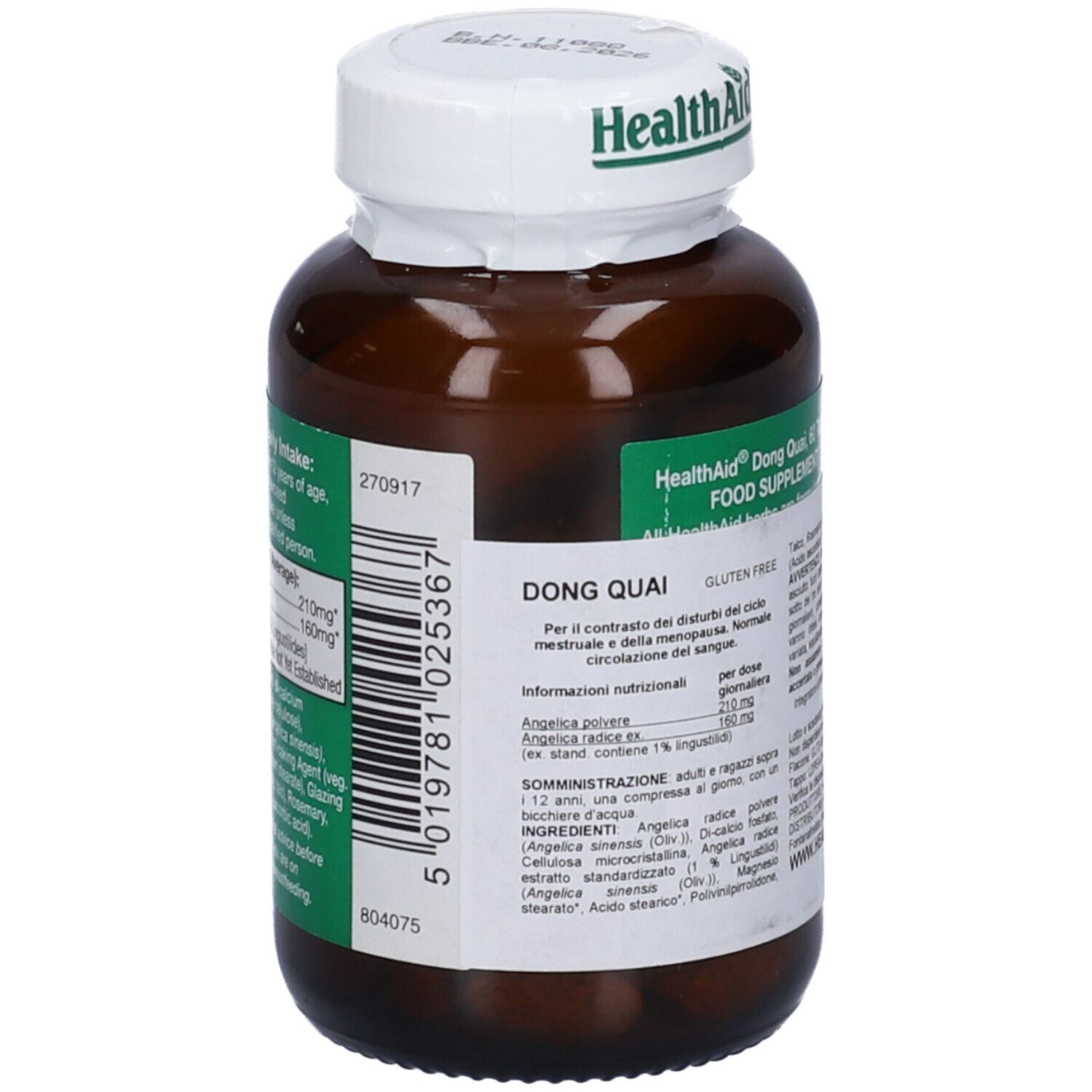 Retro del flacone marrone. Testo: HealthAid Dong Quai, ingredienti, dosaggio, informazioni produttore.