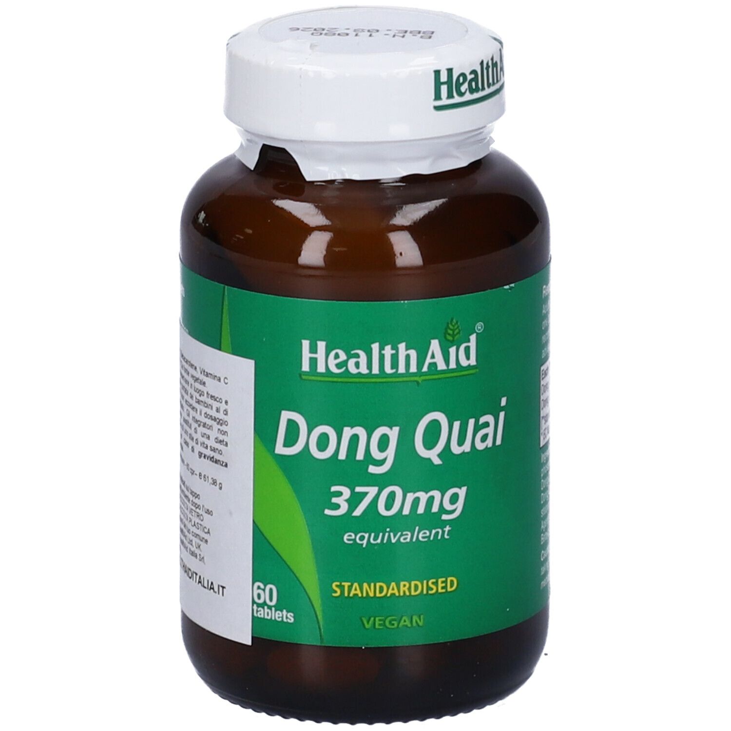 Flacone marrone con tappo bianco. Scritta: HealthAid Dong Quai 370mg, 60 compresse. Vegano.