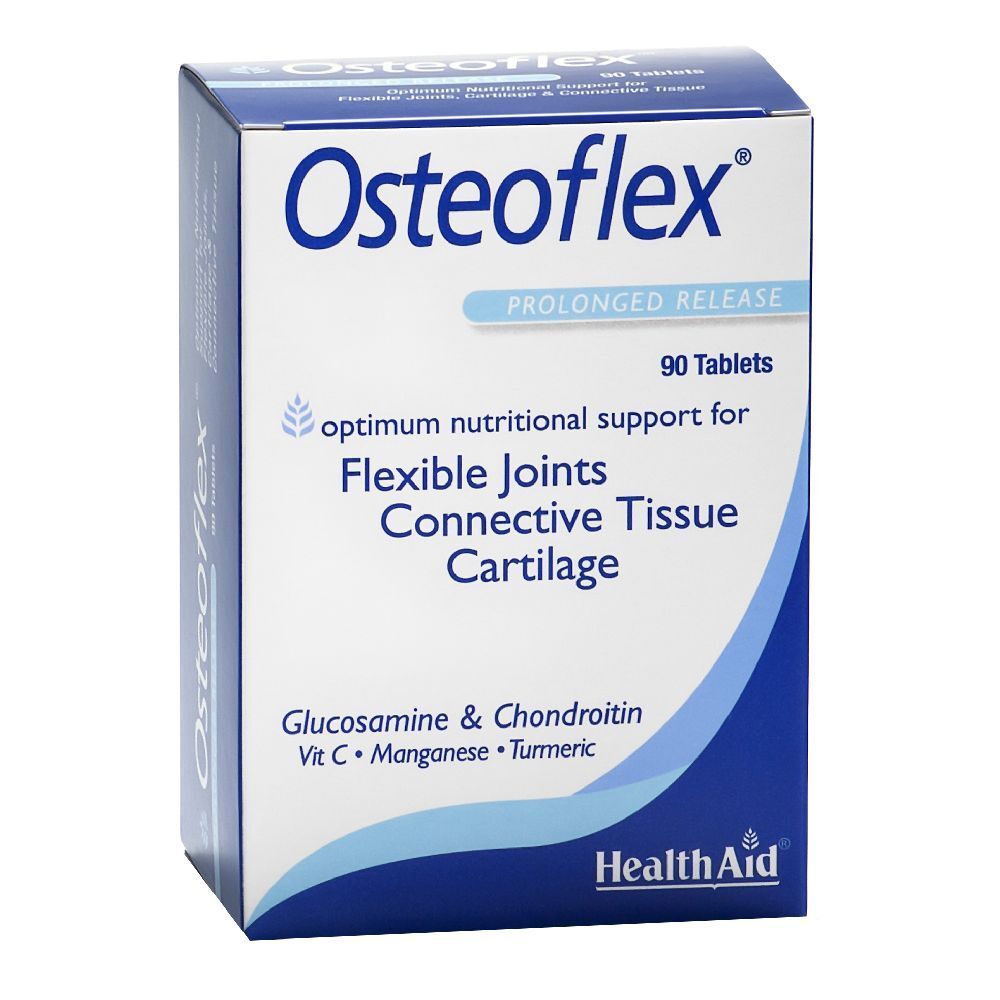 Confezione di Osteoflex con 90 compresse. Scatola blu e bianca con nome del prodotto e ingredienti. Logo HealthAid.