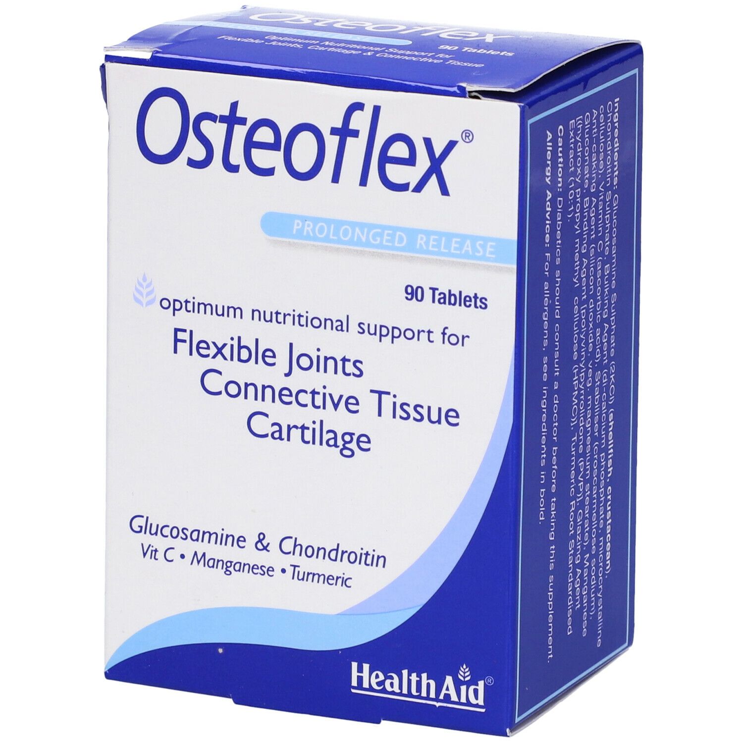 Confezione di Osteoflex con 90 compresse. Scatola bianca con nome del prodotto, ingredienti e logo HealthAid. Retro con informazioni.