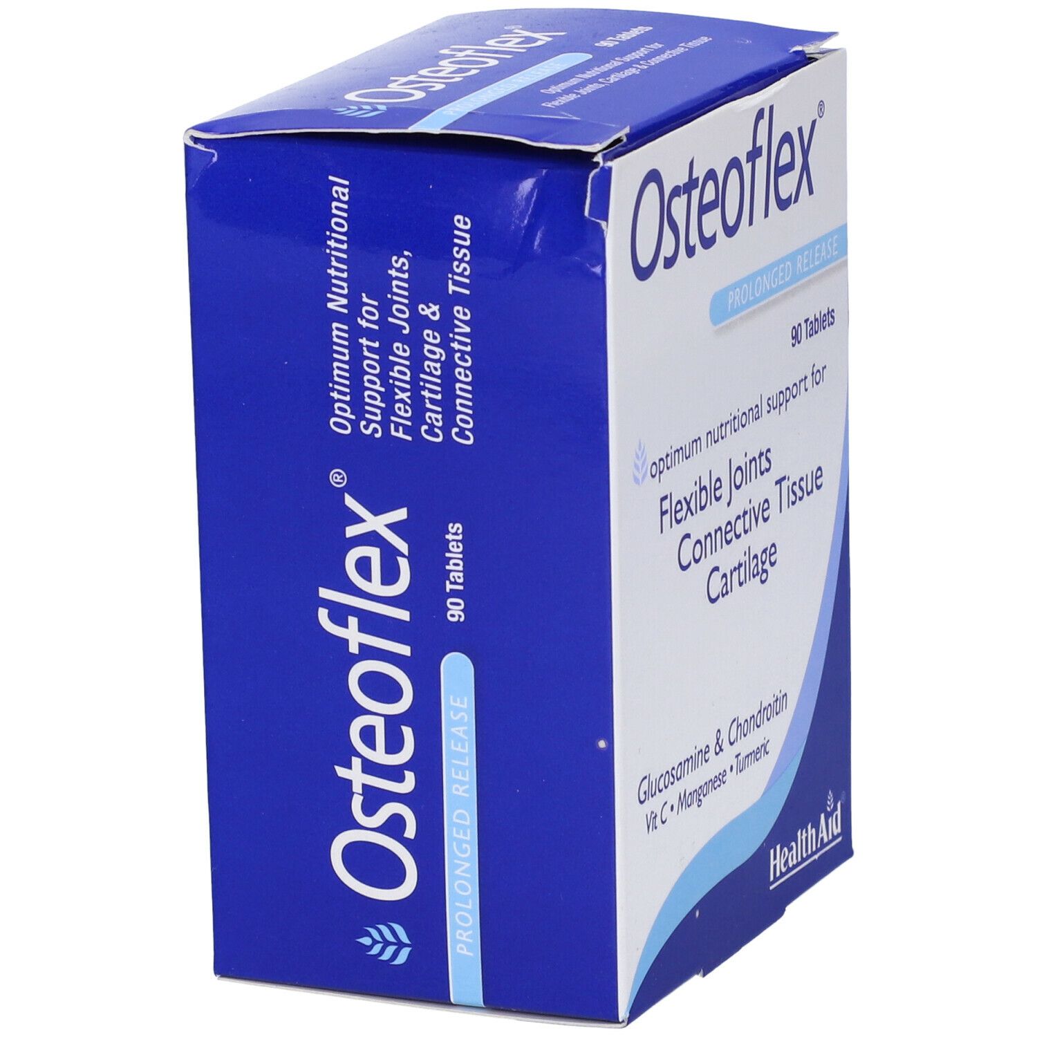 Confezione blu Osteoflex con 90 compresse. Nome del prodotto, ingredienti e logo HealthAid. Scatola in diagonale.