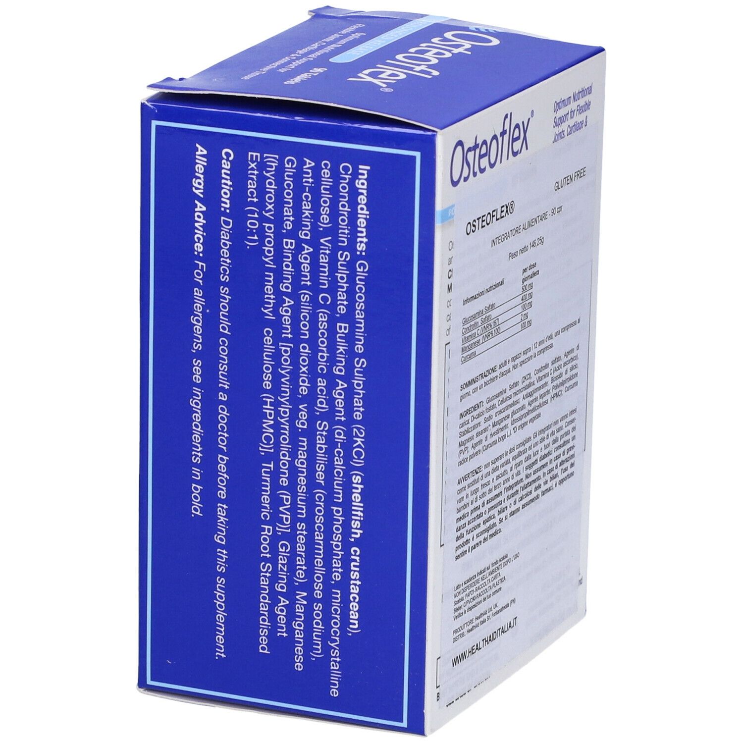 Vista laterale della confezione Osteoflex. Contiene informazioni sugli ingredienti e avvertenze. Logo HealthAid.