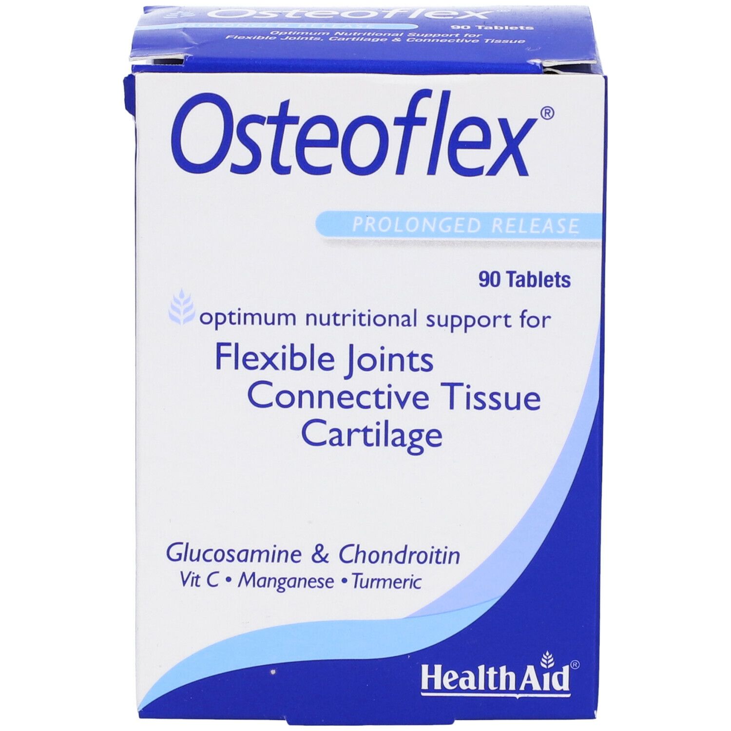 Confezione Osteoflex con 90 compresse. Scatola bianca con nome del prodotto, ingredienti e logo HealthAid.
