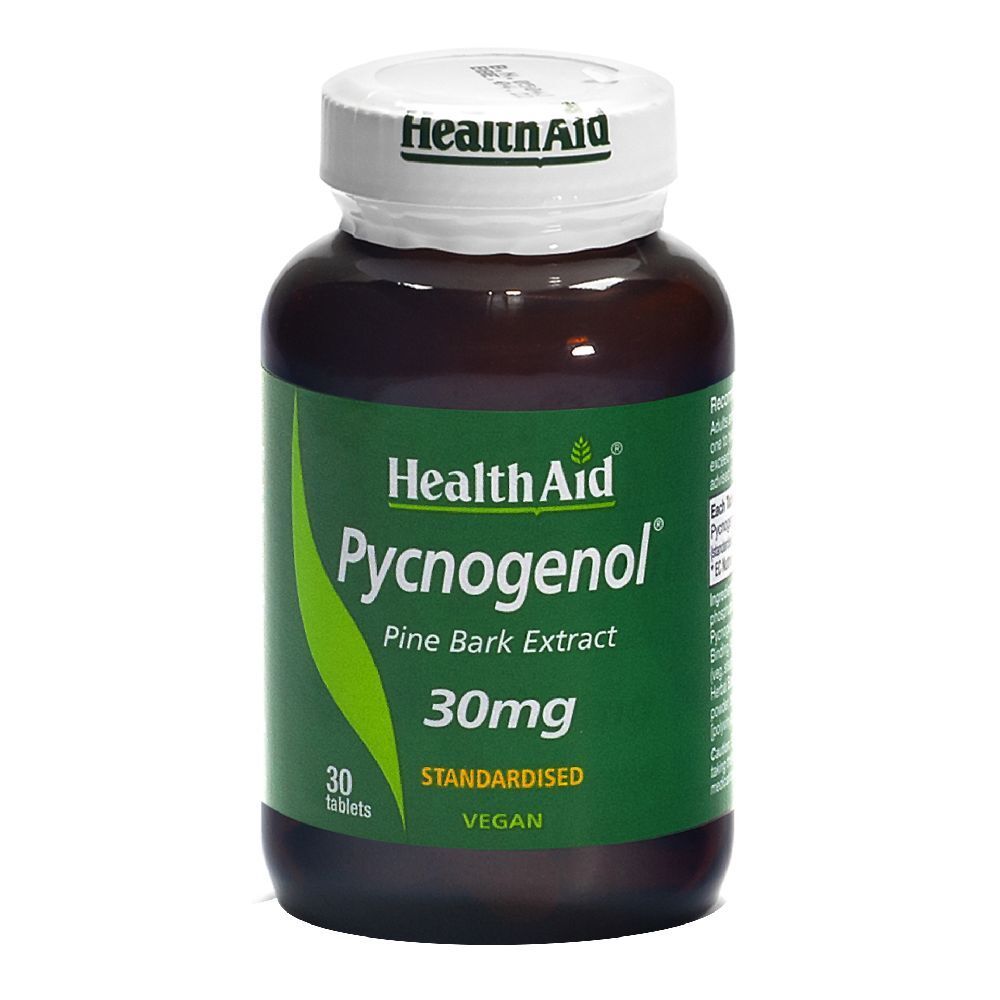 Flacone marrone con tappo bianco. Etichetta "Health Aid Pycnogenol 30mg". 30 compresse, vegano.