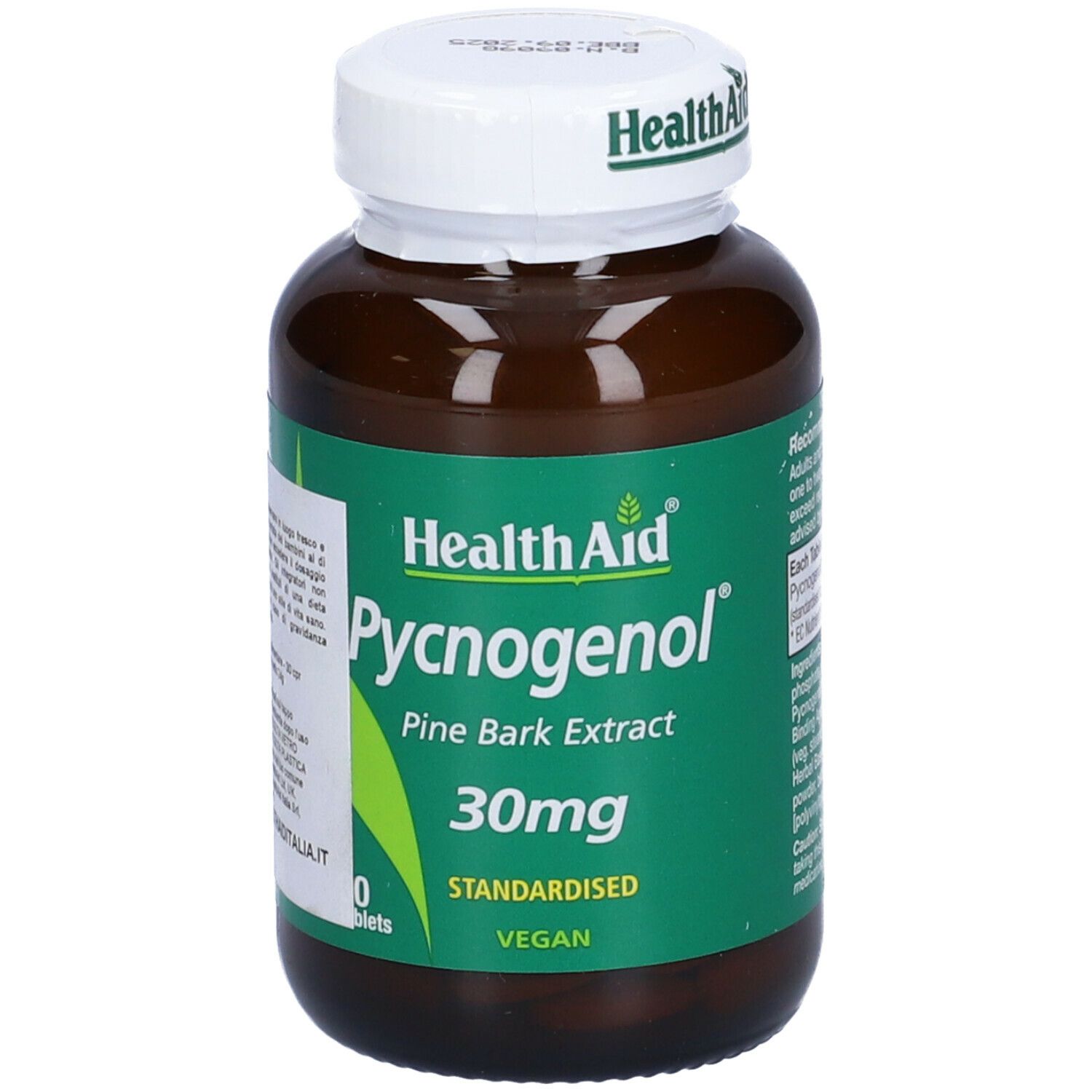 Flacone marrone con tappo bianco. Etichetta "Health Aid Pycnogenol 30mg". 30 compresse, vegano.