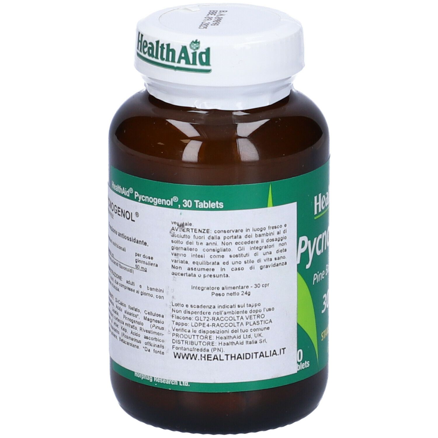 Flacone marrone con tappo bianco. Retro con testo. "Health Aid Pycnogenol 30 Tablets".
