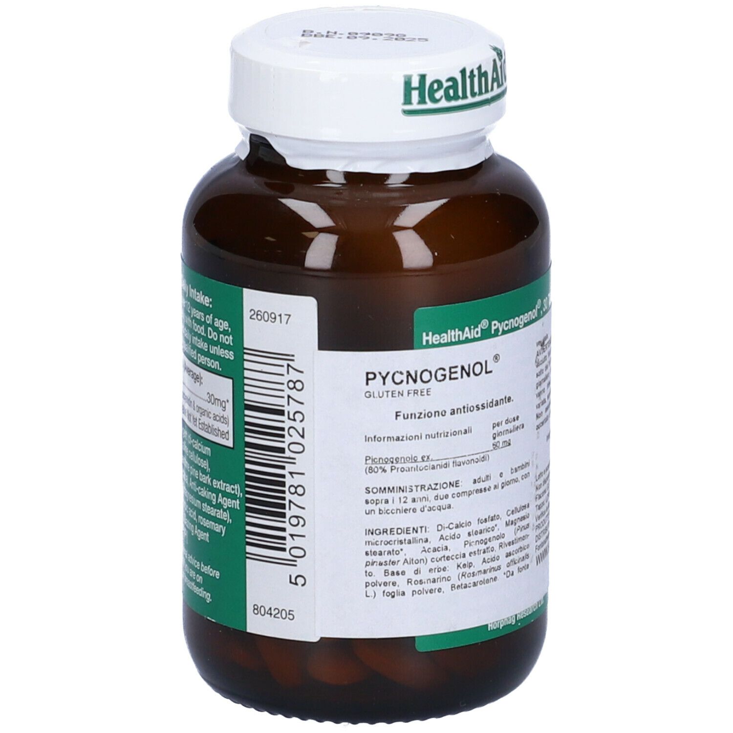 Flacone marrone con tappo bianco. Retro con testo. "Health Aid Pycnogenol Gluten Free".